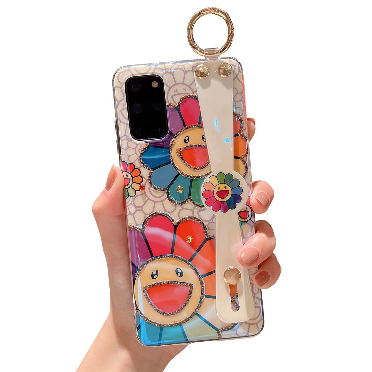 Cute Shockproof Protective Case for Samsung Galaxy S20 Plus with Wrist Strap & Kickstand - Glitter Bling Cartoon IMD Soft TPU Cover for Women & Girls (Sunflower Design) - Perfect for Daily Use, Work & Outdoor Activities
