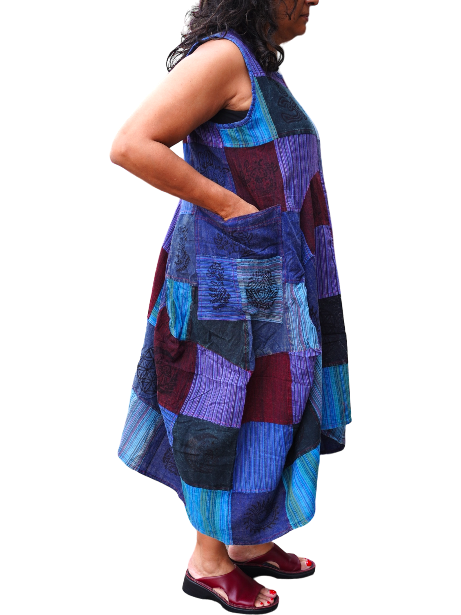 Stylish Blue Patchwork Cotton Parachute Dress with Pockets - Perfect for Summer Outings, Beach Vacations & Casual Wear
