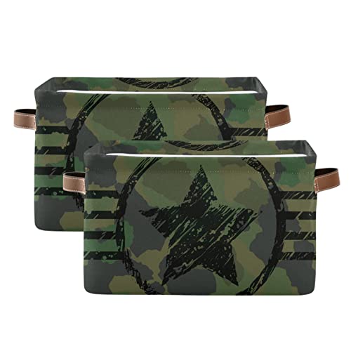 Military Camouflage Storage Basket - Collapsible Rectangular Storage Bin with Leather Handles - Laundry Organizer for Kitchen, Kids Room, Closet & Camping Gear - Portable Home & Outdoor Storage Solution