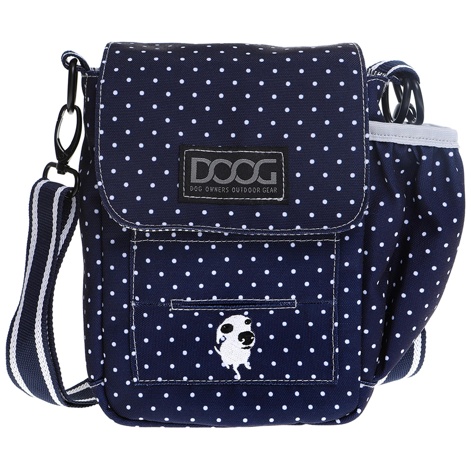 DOOG Adjustable Shoulder Walkie Bag with Poo & Water Bottle Compartments - Navy Polka Dot Pet Walking Bag for Dogs, Outdoor Adventures & Daily Walks