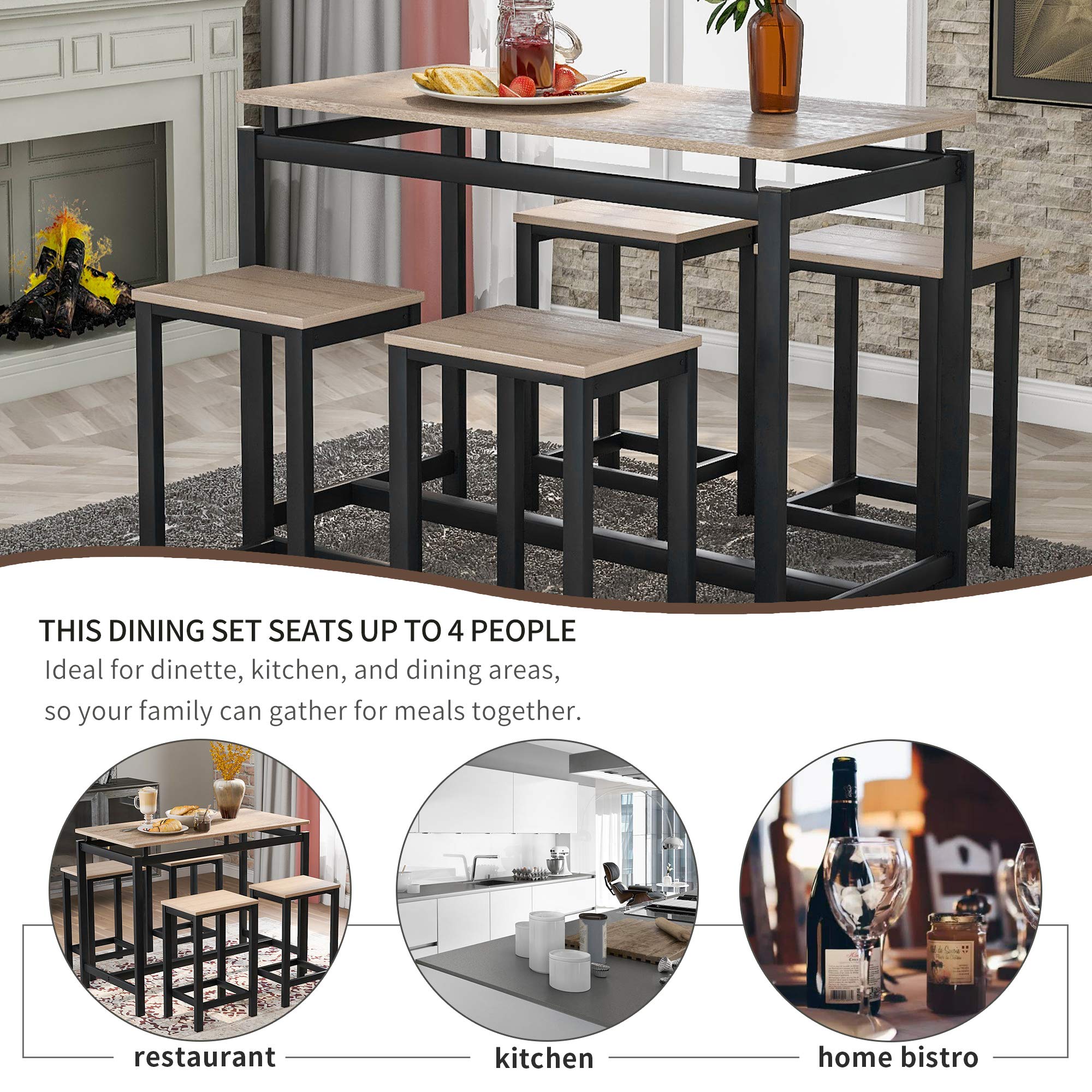5-Piece Modern Dining Table Set with Bar Table & 4 Stools - Metal Frame Kitchen Table & Multifunctional Desk for Living Room, Dining Room, Home or Office - Perfect for Small Spaces & Entertaining (Oak Finish)