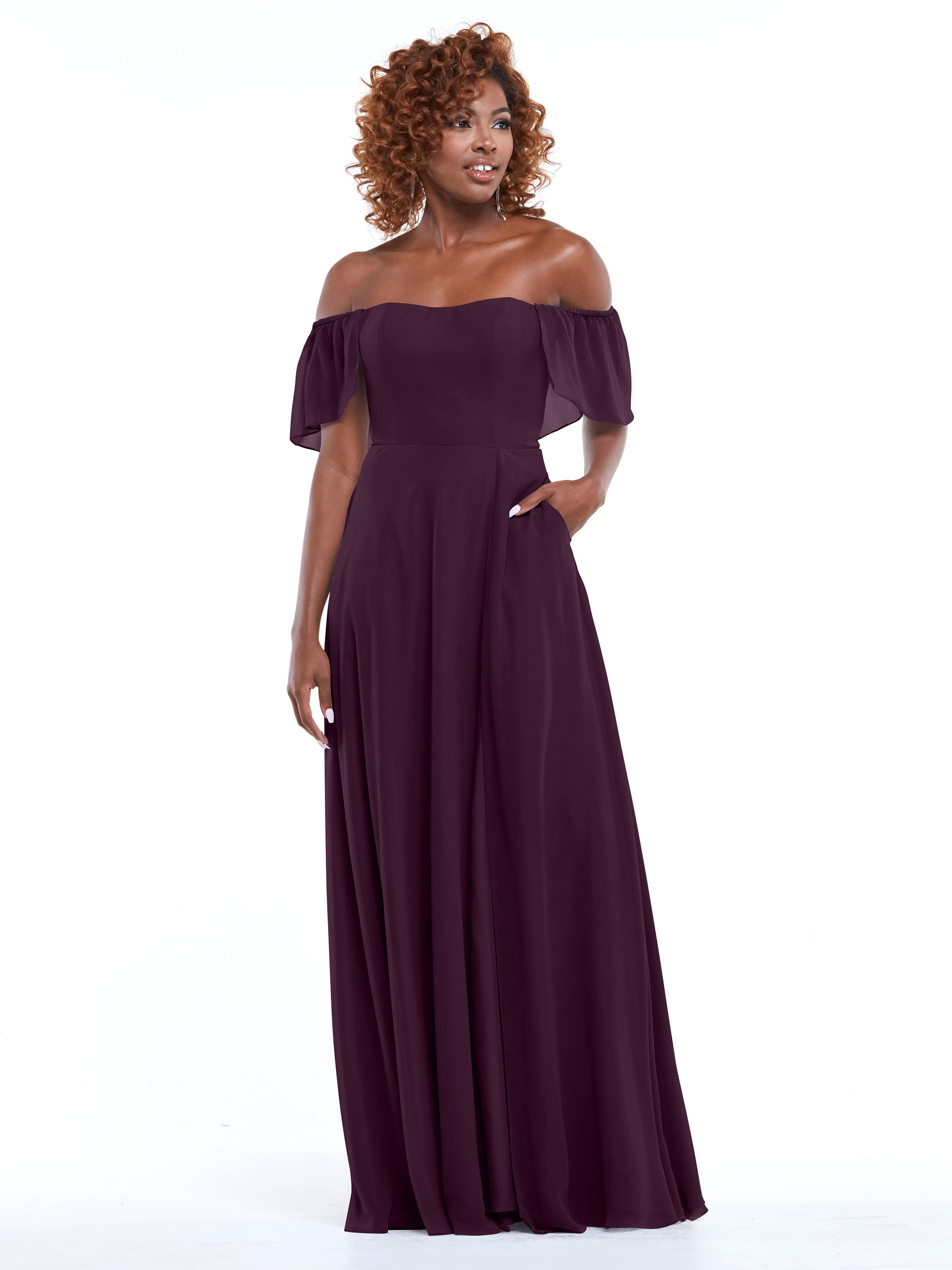 Elegant A-Line Off-The-Shoulder Chiffon Bridesmaid Dress with Pockets - Perfect for Weddings, Formal Events & Special Occasions