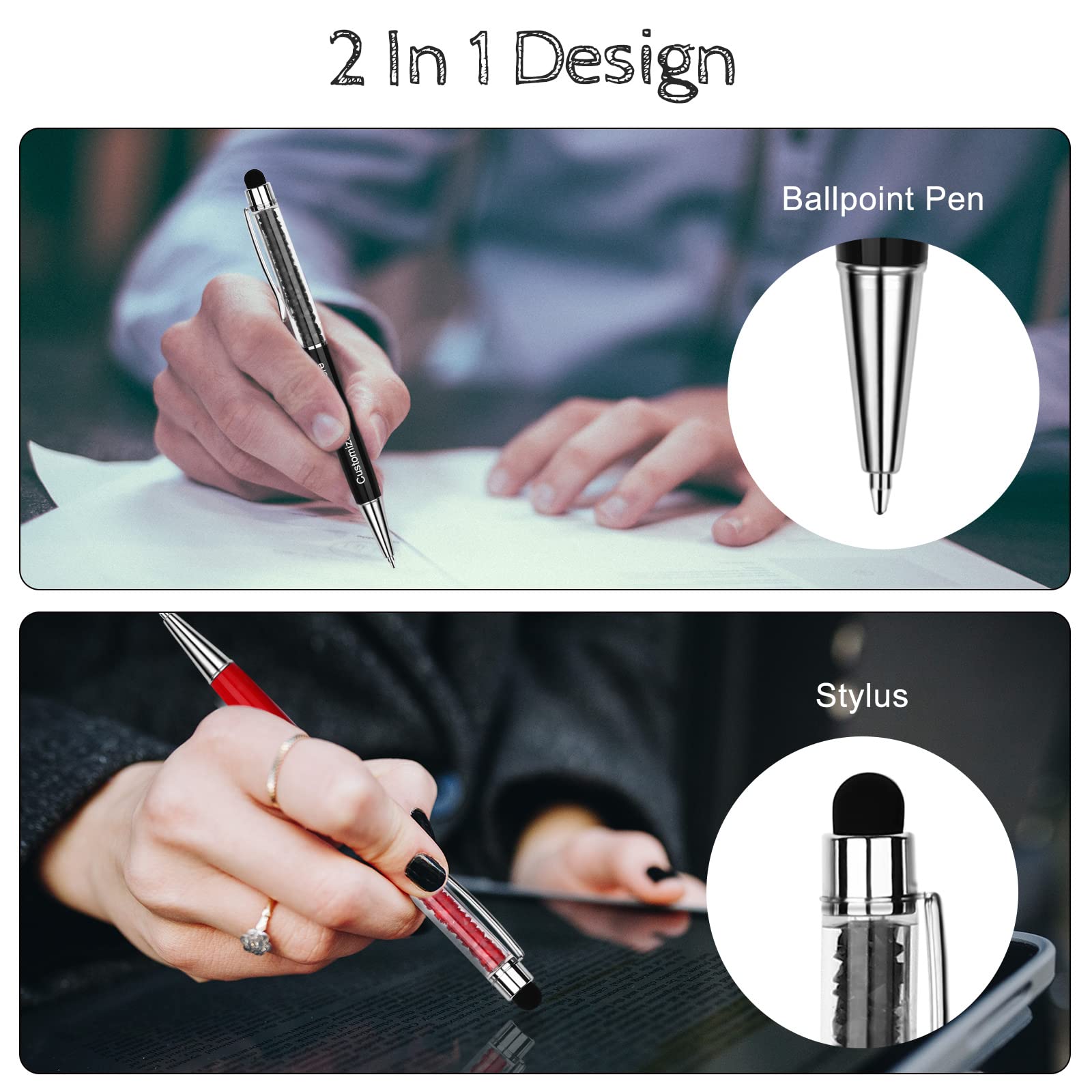Bnesi 2-in-1 Personalized Crystal Pens with Stylus - 10 Blue Refillable Ink Cartridges - Compatible with Tablets, Smartphones & Laptops - Perfect for Office Work, Note Taking & Digital Signatures