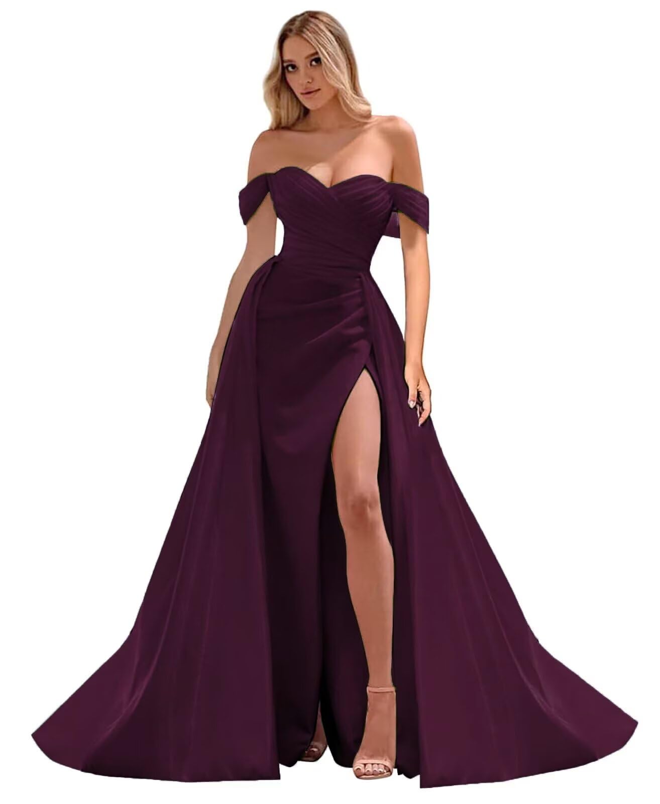 Elegant Off Shoulder Prom Dresses for Women - Long Satin A-Line Evening Gowns with High Slit | Formal Party Dresses for Homecoming, Wedding Guest & Special Occasions