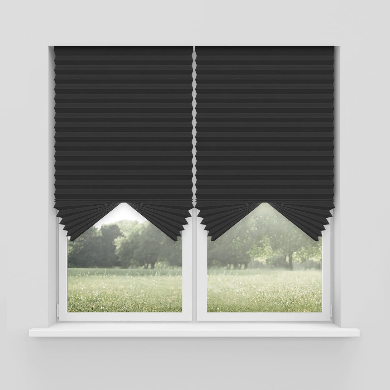 Foiresoft No Tools Pleated Fabric Shades - Temporary Window Blinds, No Drilling Self-Adhesive, Easy Cut & Install - Cordless Duo-Tone Blackout Rich Black (36