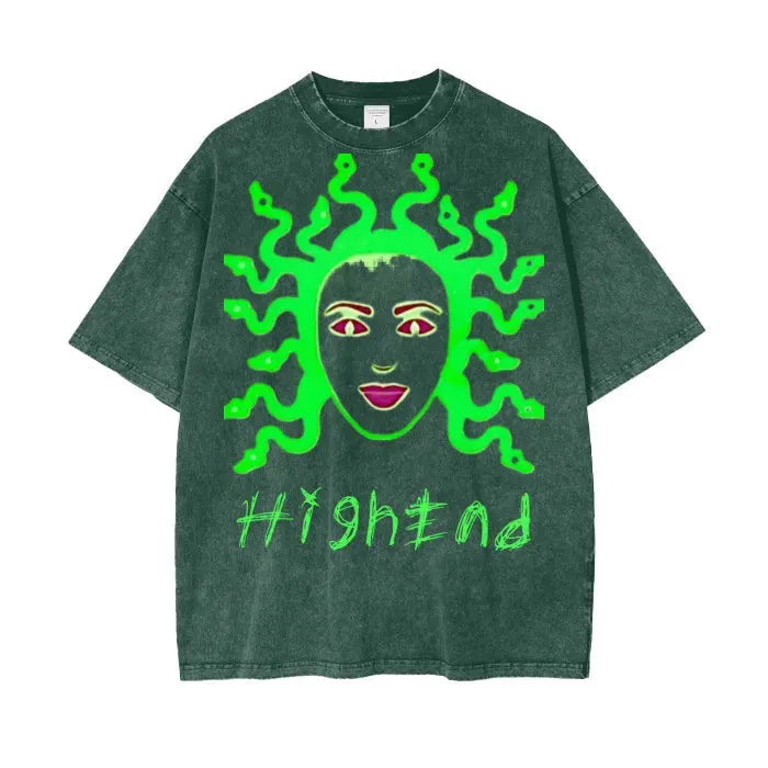 Premium Medusa Print Acid Wash Oversized T-Shirt - 250 GSM Heavyweight Cotton - Streetwear, Gothic Fashion & Casual Wear for Men and Women
