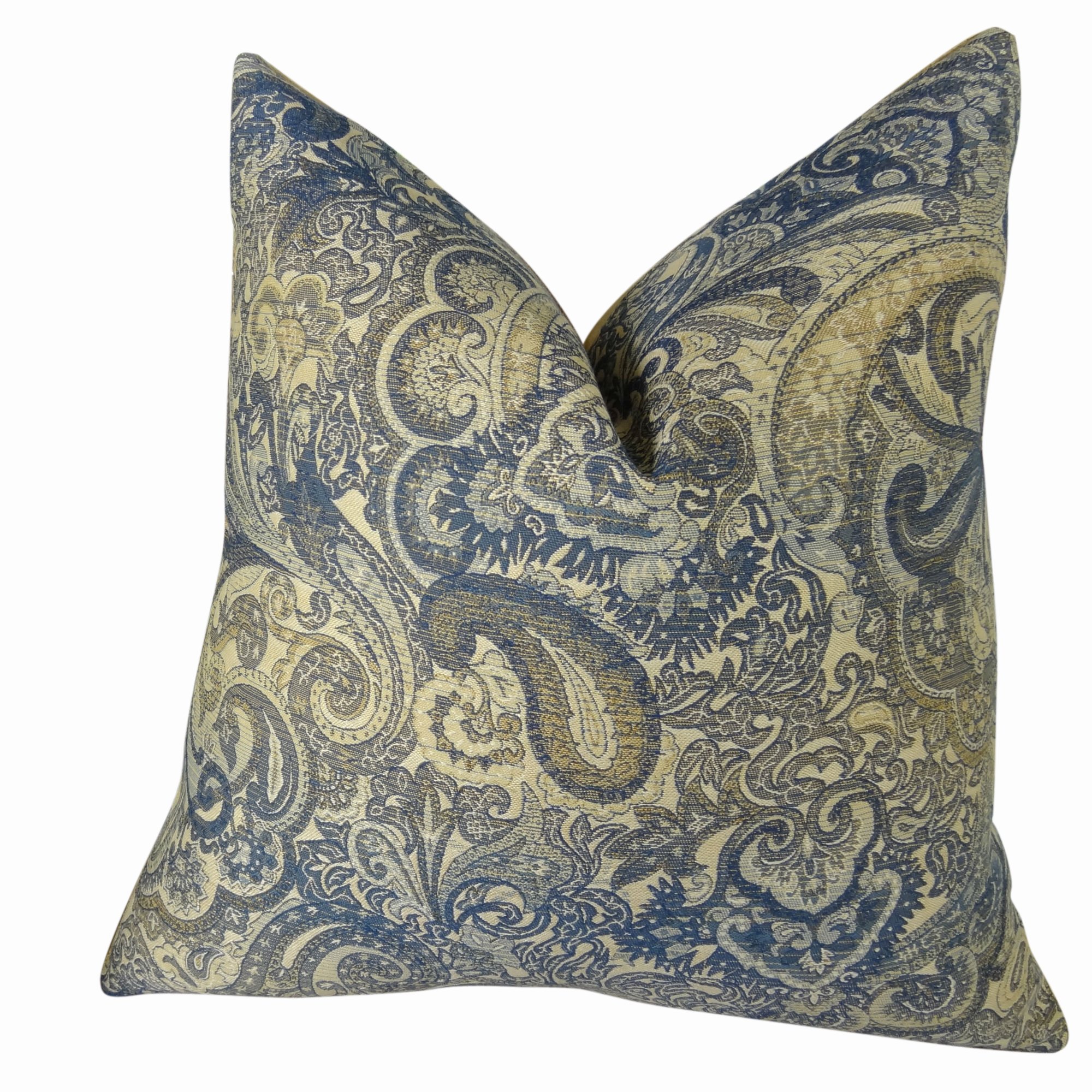 Navy Blue Floral Paisley Decorative Throw Pillow - Modern Designer Handmade Pillow in Taupe Navy Cream - Perfect for Sofa, Bedroom & Living Room Decor - Made in USA