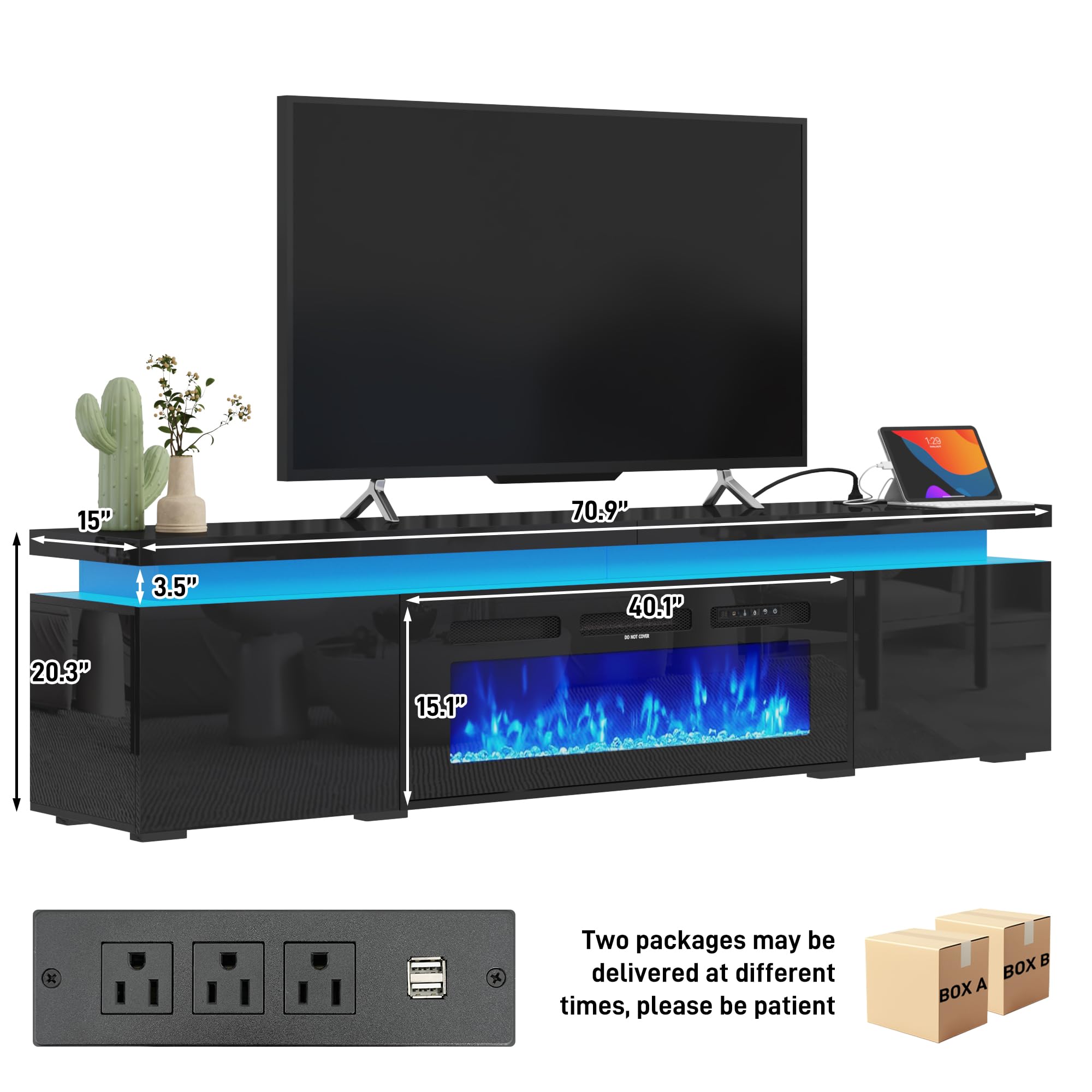71-Inch Modern LED TV Stand with Built-in 40-Inch Electric Fireplace - Fits 80-Inch TVs, High Gloss Entertainment Center with Power Outlet & Storage - Perfect for Living Room & Bedroom (Black) - Cozy Winter Nights & Stylish Home Decor Solution