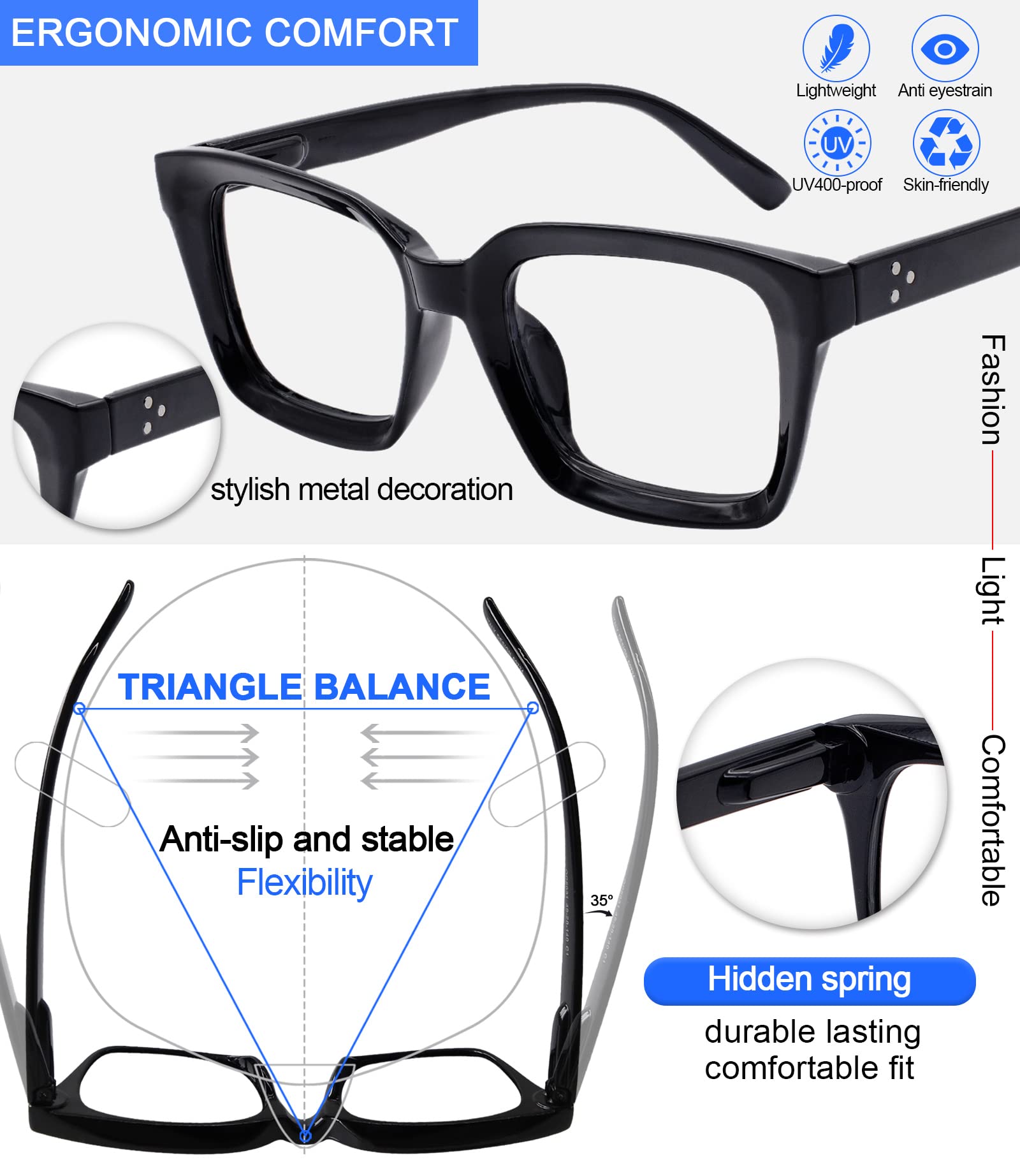 MARE AZZURO Blue Light Blocking Reading Glasses for Women - Anti Glare Computer Glasses with 0.00 to 6.00 Magnification (Black Frame) - Perfect for Office Work, Screen Time & Night Reading