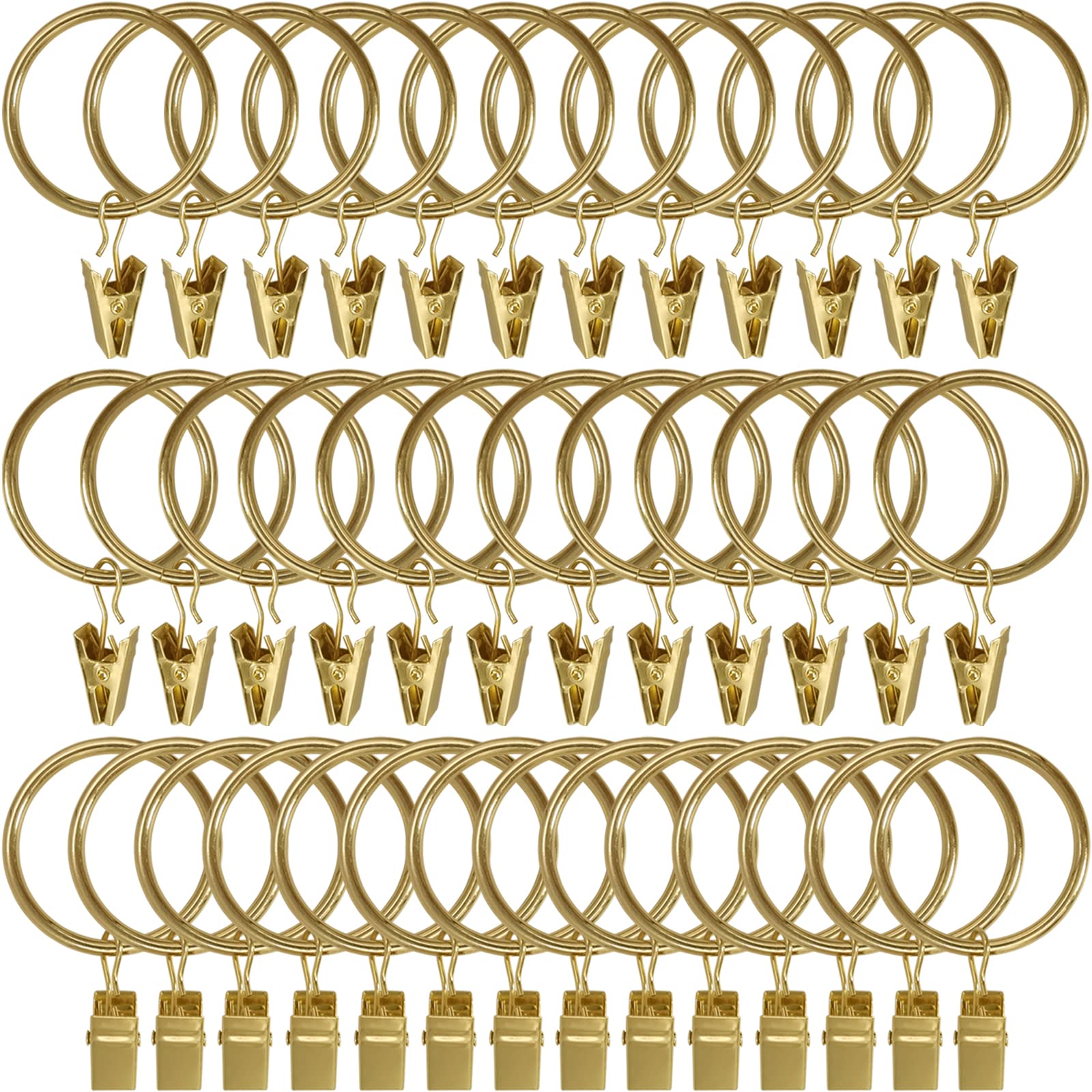 40 Pack Gold Curtain Rings with Clips - 1.5 Inch Drapery Hooks for Hanging Drapes, Bows & Hats - Fits up to 1.2 Inch Curtain Rods - Perfect for Living Room, Bedroom & Window Decor
