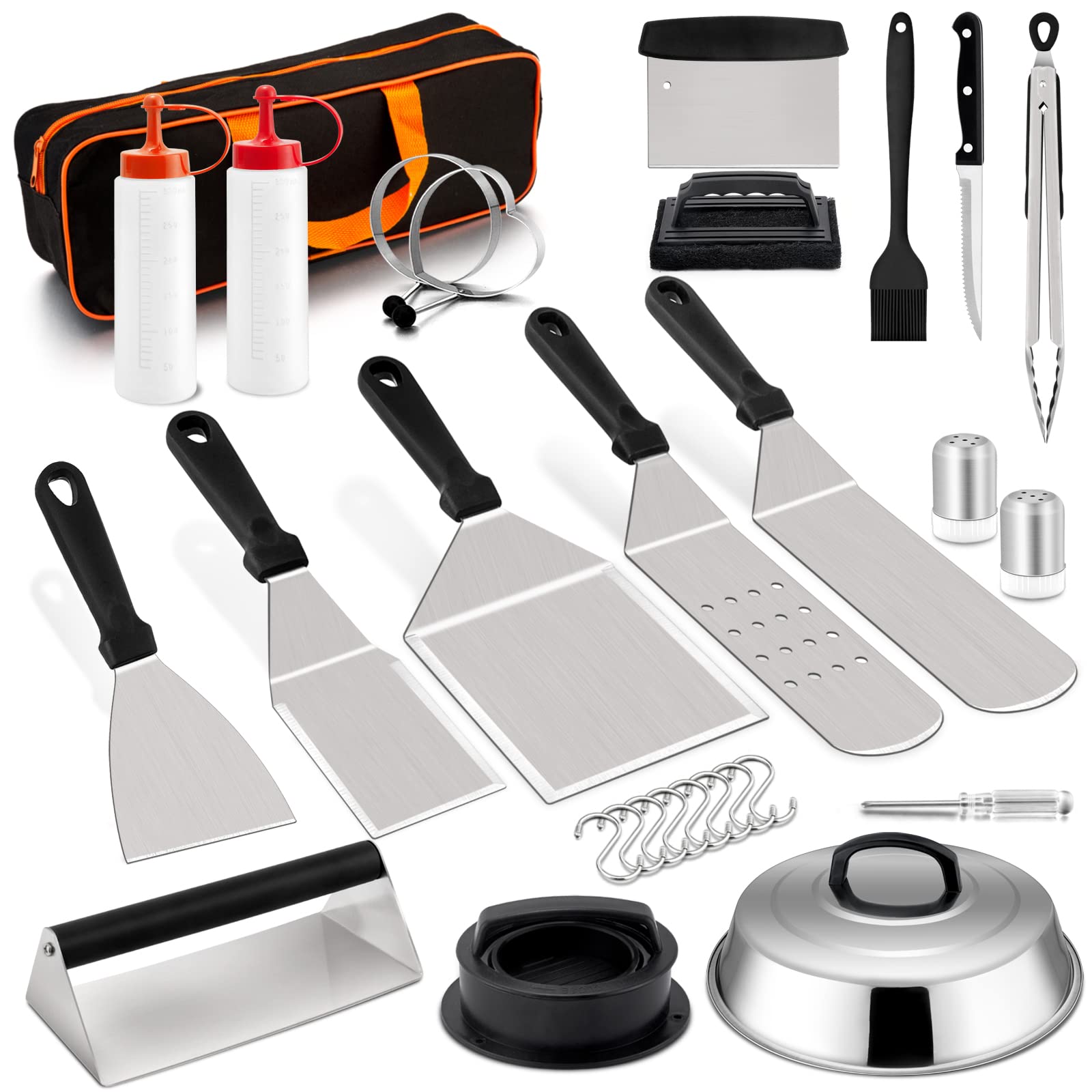 20Pcs Stainless Steel Griddle Accessories Kit - HaSteeL Teppanyaki BBQ Tools Set with Melting Dome, Bacon Press, Spatulas & Scrapers for Indoor/Outdoor Cooking, Camping & Grilling | Durable & Easy to Clean for Backyard Parties, Tailgating & Japanese Hibachi Style Cooking