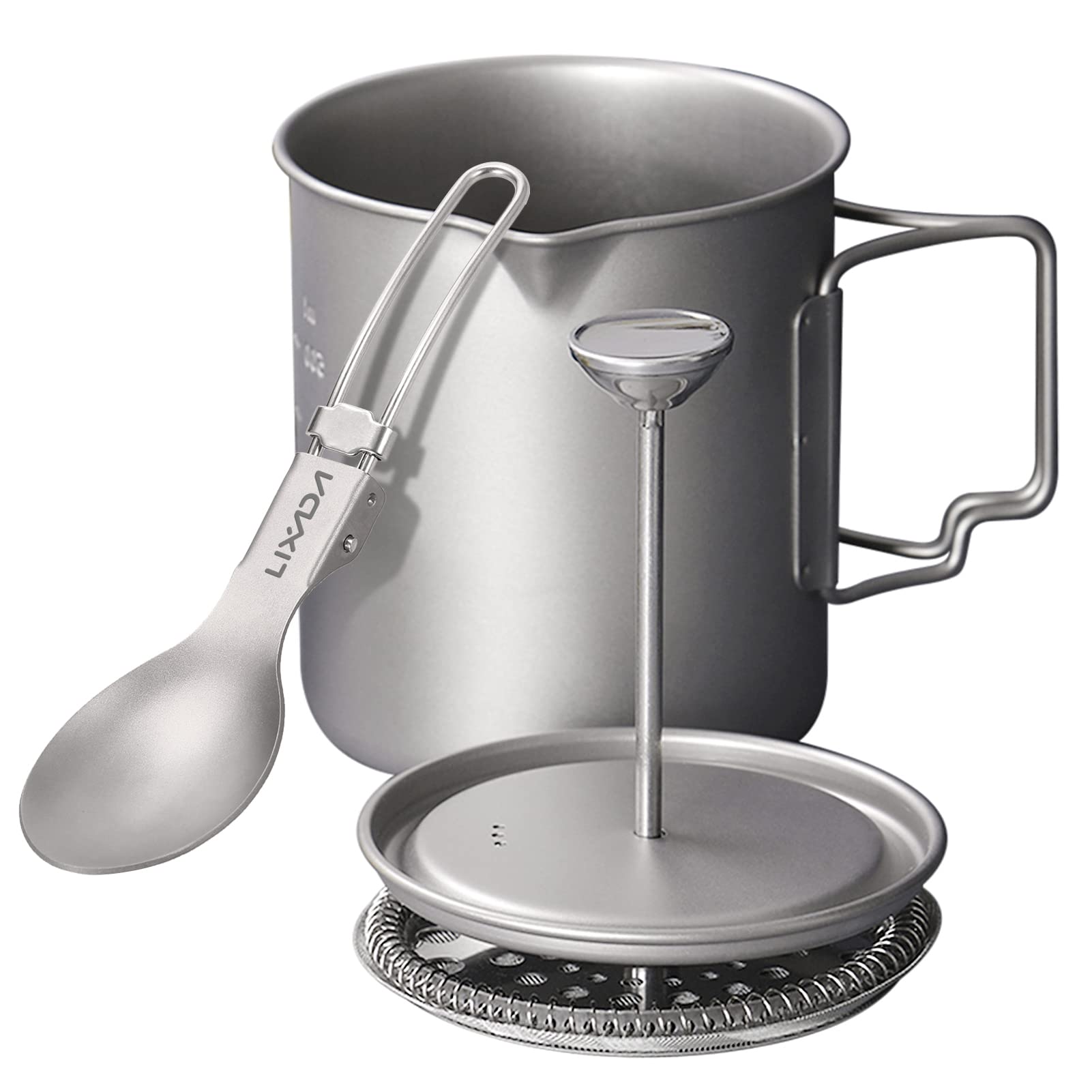 750ml Titanium French Press Coffee Maker with Folding Spoon - Lightweight & Durable Camping Coffee Press for Outdoor Adventures, Kitchen & Travel (Cup+Spoon Set)
