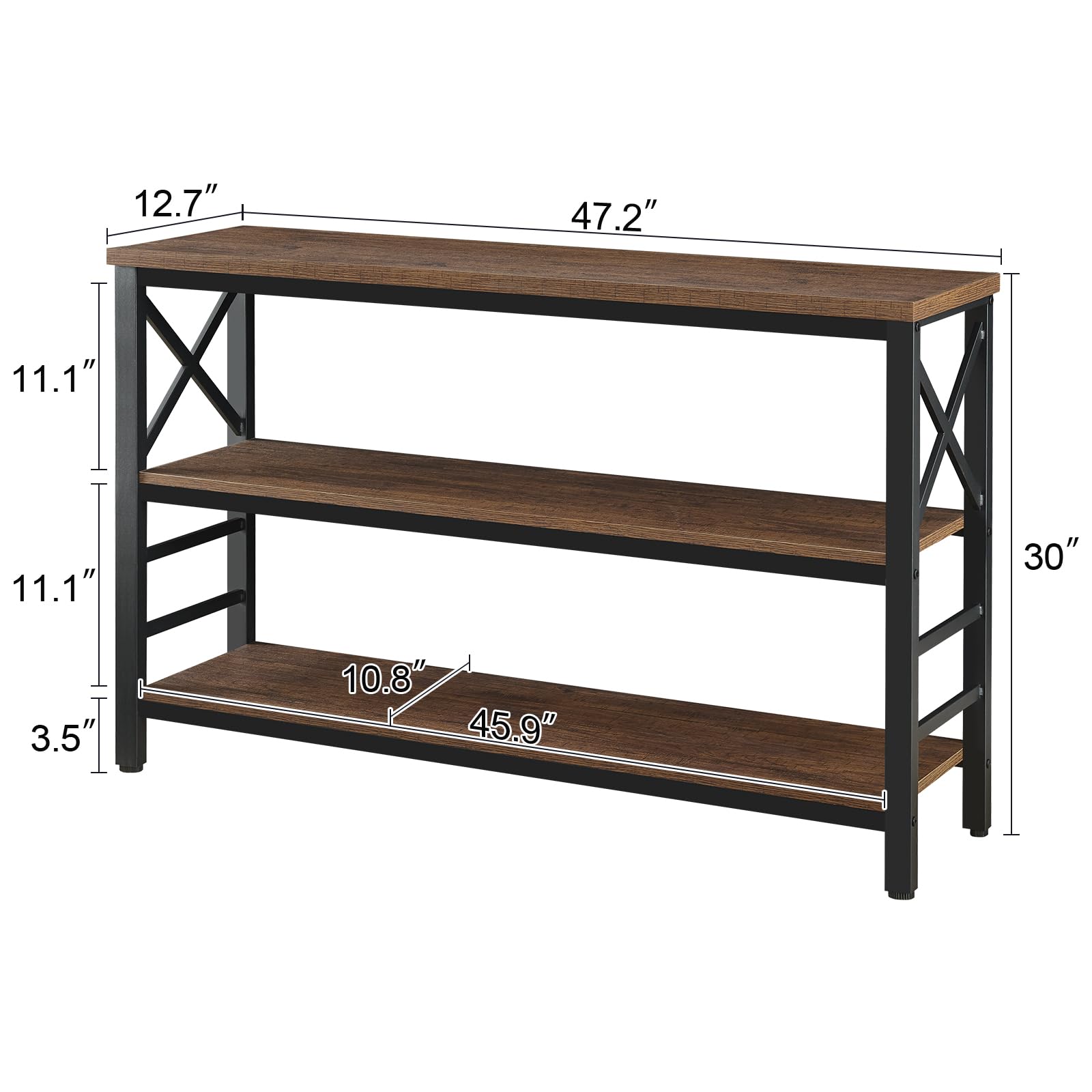 Industrial Rustic Sofa Table with Storage - 3-Tier Engineered Wood & Metal Console Table for Entryway, Living Room, Hallway - 47 Inch Brown Shelf for Home Decor & Organization