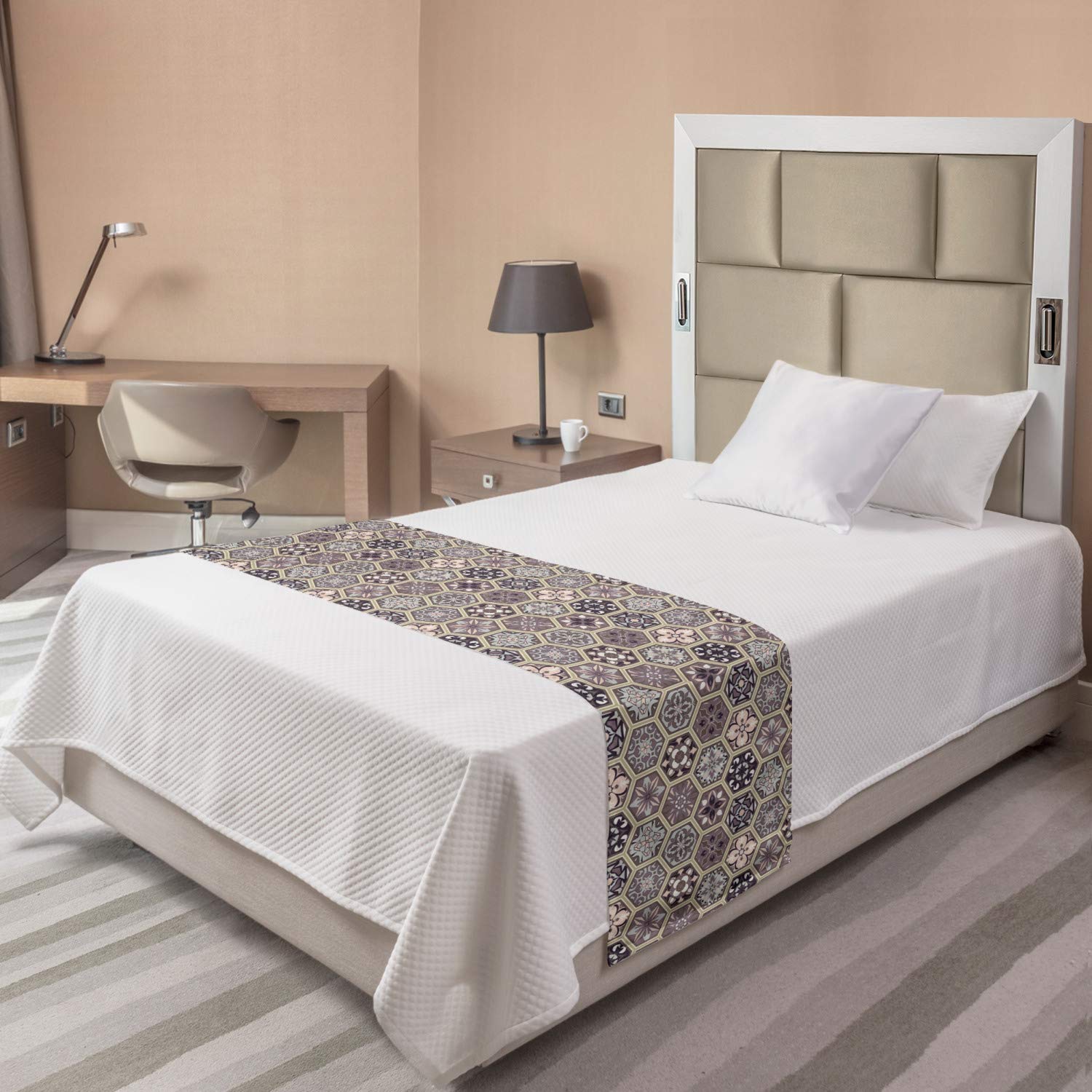Ambesonne Antique Oriental Bed Runner with Honeycomb Floral Pattern - Decorative Bed Scarf for Hotels, Homes & Guest Rooms in Pale Tan, Dark Taupe & Grey | Perfect for Master Bedrooms, Luxury Hotels & Guest Room Decor