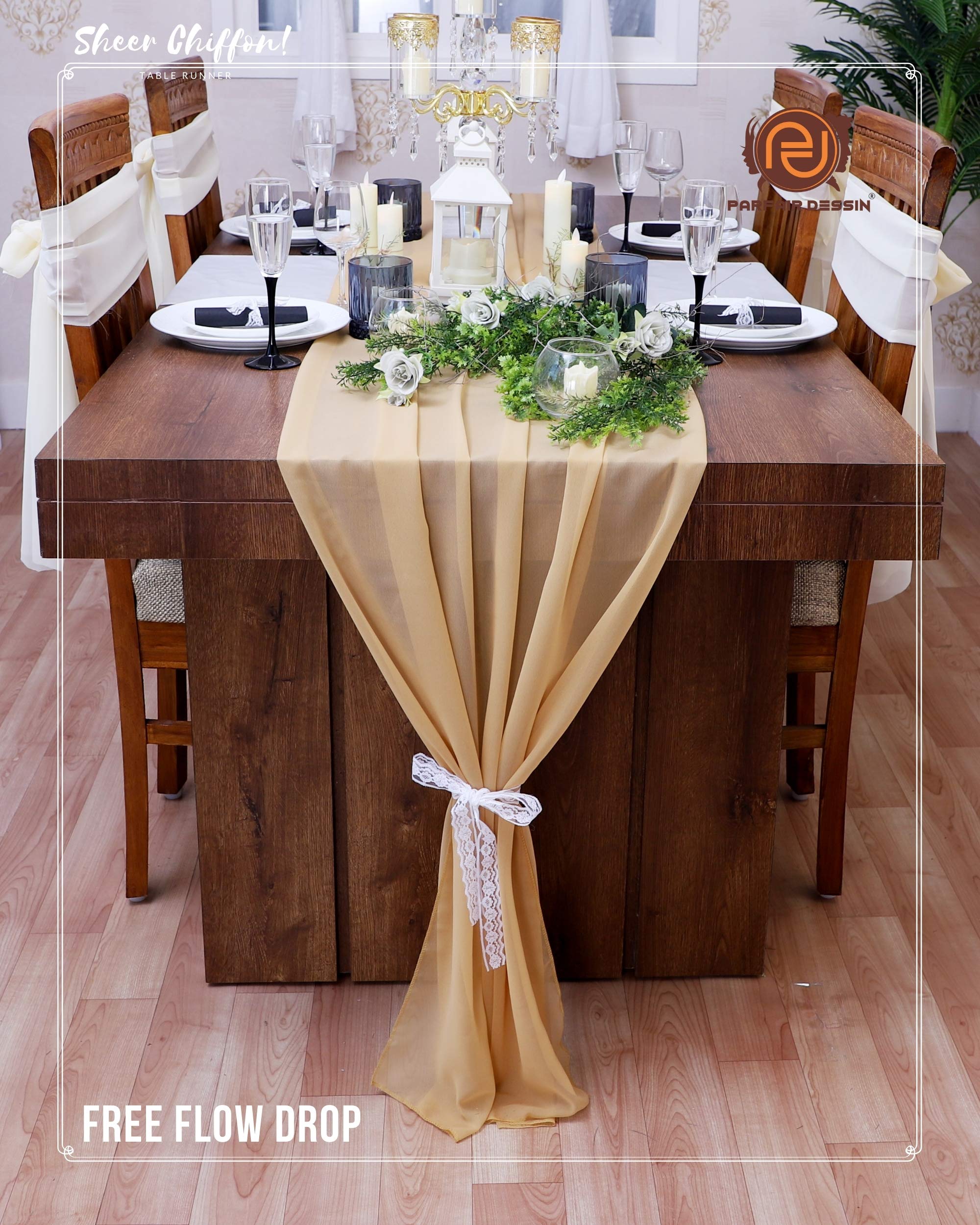 Parfair 10ft Chiffon Wedding Table Runner - Elegant Caramel Bridal Shower Decor, Rustic Wedding Centerpiece for Tables, Party & Reception Decorations | Perfect for Wedding, Baby Shower, Anniversary & Holiday Celebrations