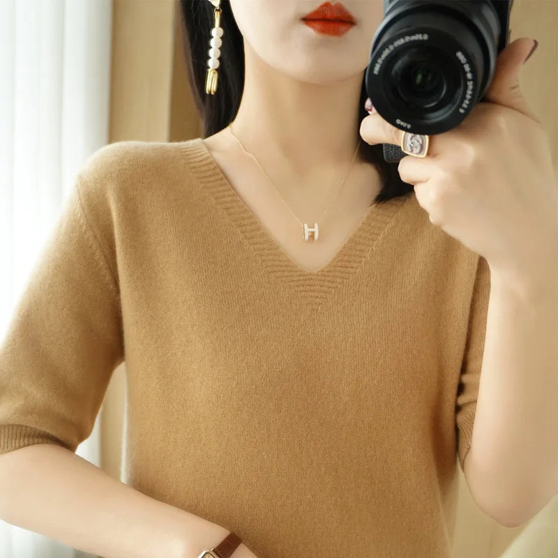 Solid Color V-Neck Half-Sleeve Cashmere Sweater for Women - Soft Thin Knit Casual Top for Office Wear & Fall Layering