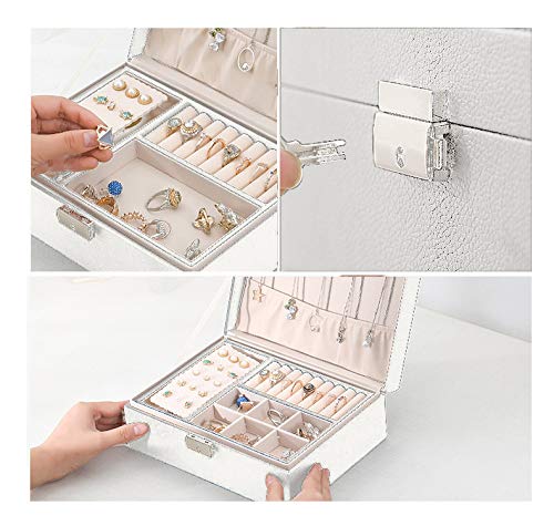 2-Layer Large Lockable Jewelry Box Organizer for Women - Elegant White Jewelry Storage Case for Earrings, Rings, Necklaces - Perfect Gift & Display Jewelry Holder for Bedroom, Dresser, Travel