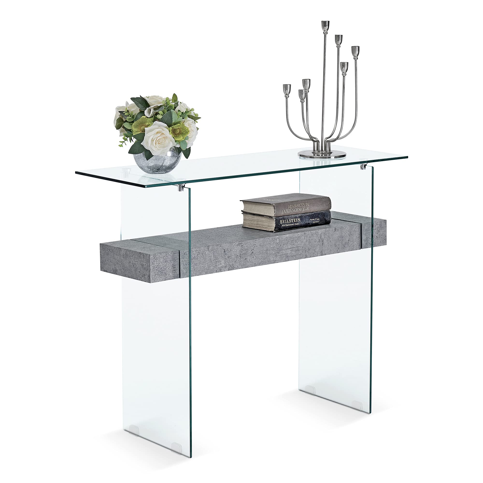 Ivinta Narrow Glass Console Table with Storage - Modern Sofa Table, Entryway Table, Glass Writing Desk, Small Computer Desk, TV Table, Buffet Table - Perfect for Small Spaces, Living Room, Hallway & Home Office