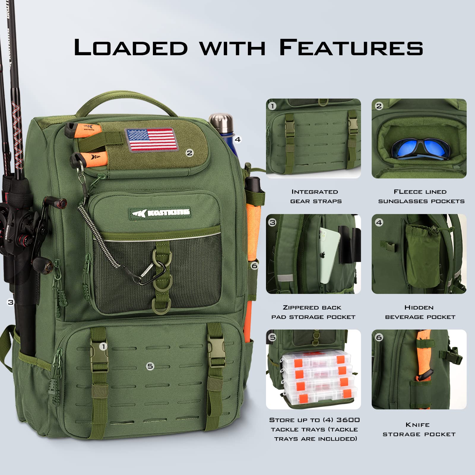 **KastKing Karryall 40L Fishing Tackle Backpack with Rod Holders & 4 Tackle Boxes - Waterproof Fishing Gear Storage for Bass, Trout, Saltwater Fishing - Perfect for Shore, Boat & Kayak Anglers**
