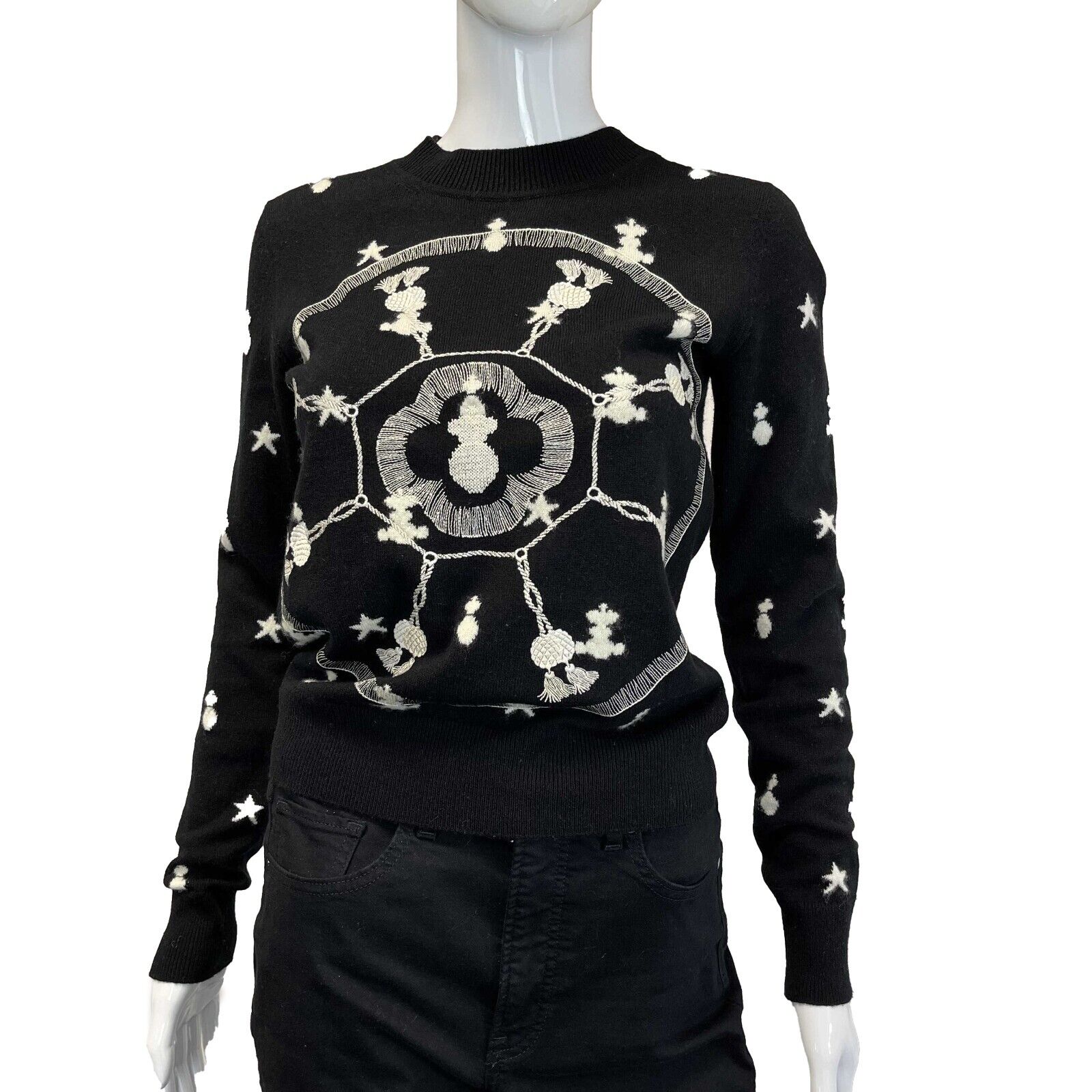Hermes Rare Black & White Embroidered Postes et Cavalerie Cashmere Sweater - Size 36 (US 4) | Luxury Women's Knitwear for Fall & Winter Fashion