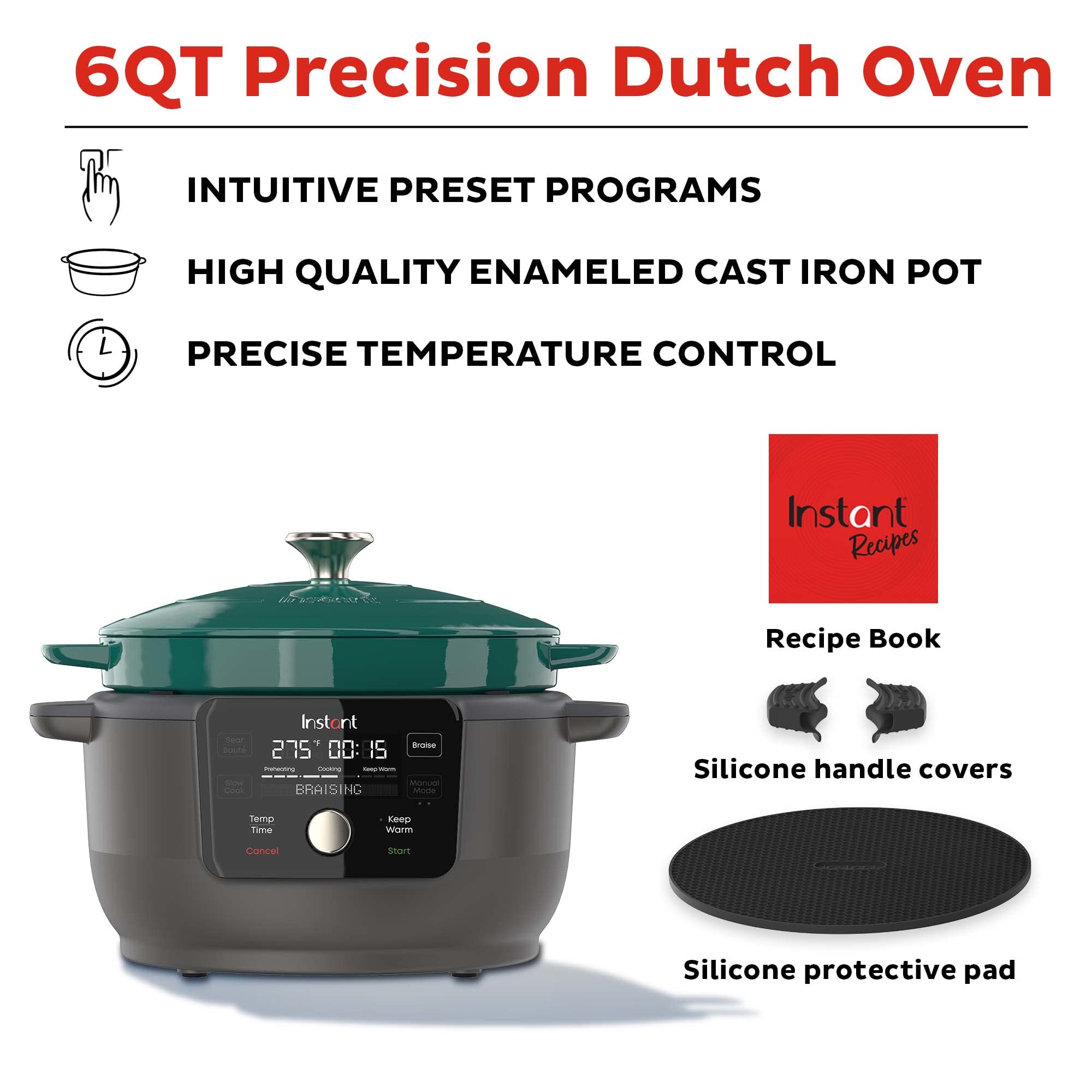 Instant Pot 6-Quart Electric Dutch Oven - 1500W Enameled Cast Iron Multi-Cooker with 5-in-1 Functions (Braise, Slow Cook, Sear, Sauté, Keep Warm) - Includes Recipe Book - Perfect for Family Dinners, Meal Prep & Holiday Cooking (Green)