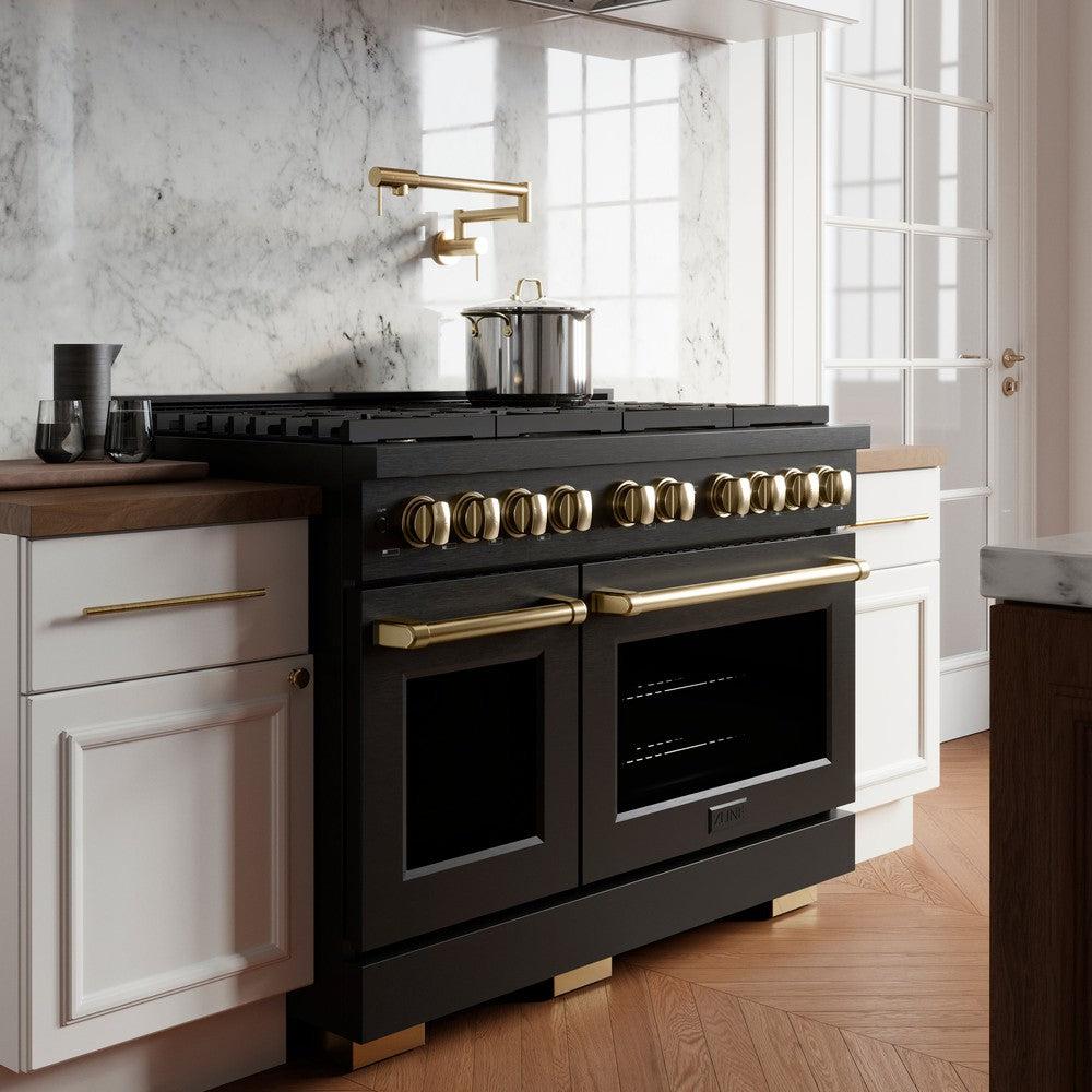 ZLINE Autograph Edition 48-inch 6.7 cu. ft. Paramount Double Oven Gas Range with 8 Burner Cooktop in Black Stainless Steel & Polished Gold Accents - Professional Kitchen Appliance for Home Chefs & Entertaining (SGRBZ 48 G)