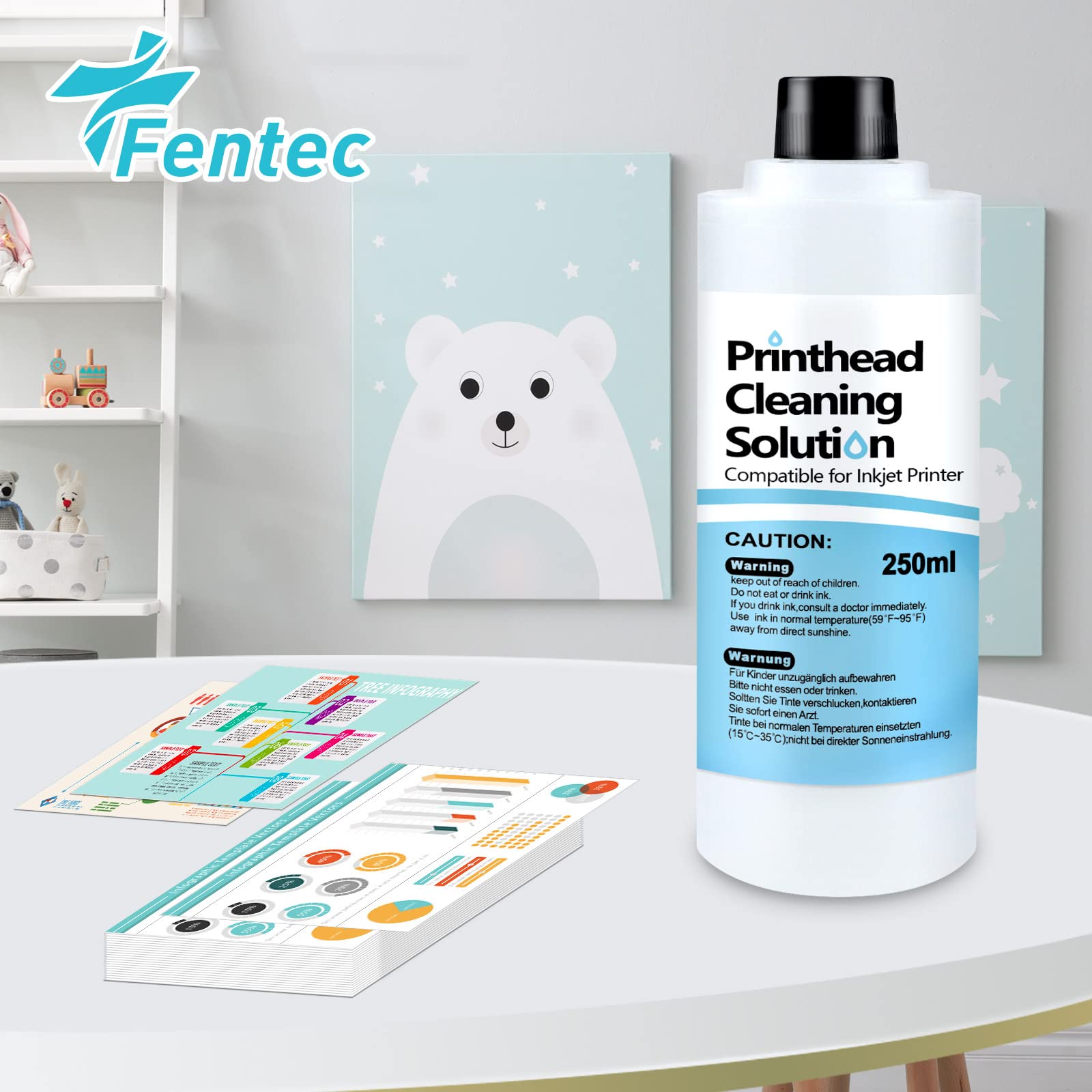 FENTEC Printer Nozzle Cleaning Kit - 250ML Printer Cleaner Solution for Epson, HP, Canon - Inkjet Print Head Cleaning Solvent for Clogged Nozzles - Perfect for Home & Office Printer Maintenance