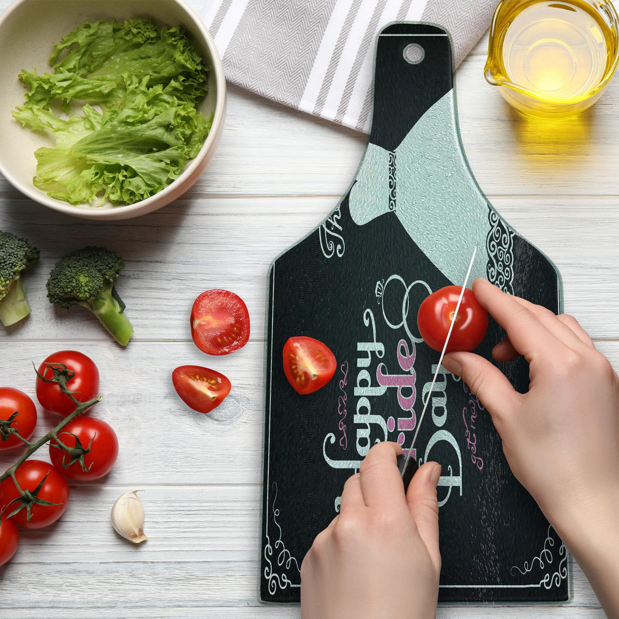 Ambesonne Wine Bottle Shaped Tempered Glass Cutting Board - Happy Bride Day Wedding Dress Swirls Art Print - Decorative Serving Board for Bridal Showers, Kitchen & Party Use - Black White & Pink Design