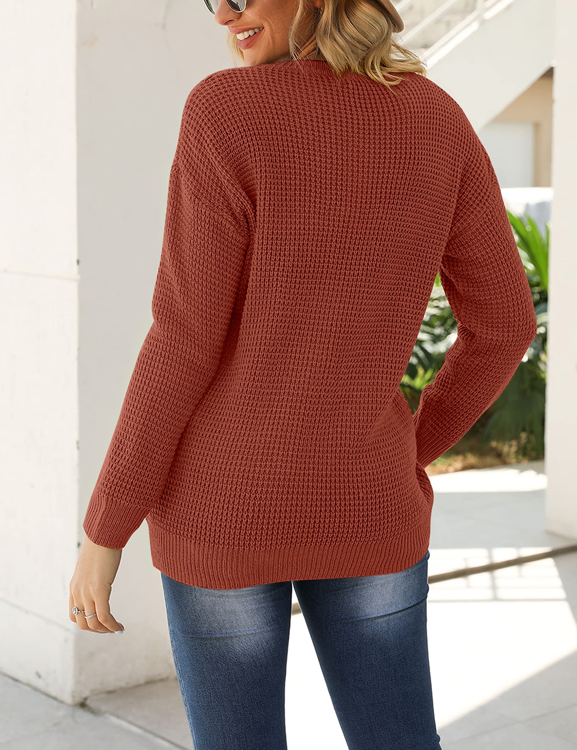 MEROKEETY Women's 2024 Long Sleeve Waffle Knit Sweater - Crew Neck Solid Color Pullover Jumper Tops for Women | Cozy Fall Winter Casual Wear, Office Outfits & Weekend Layering