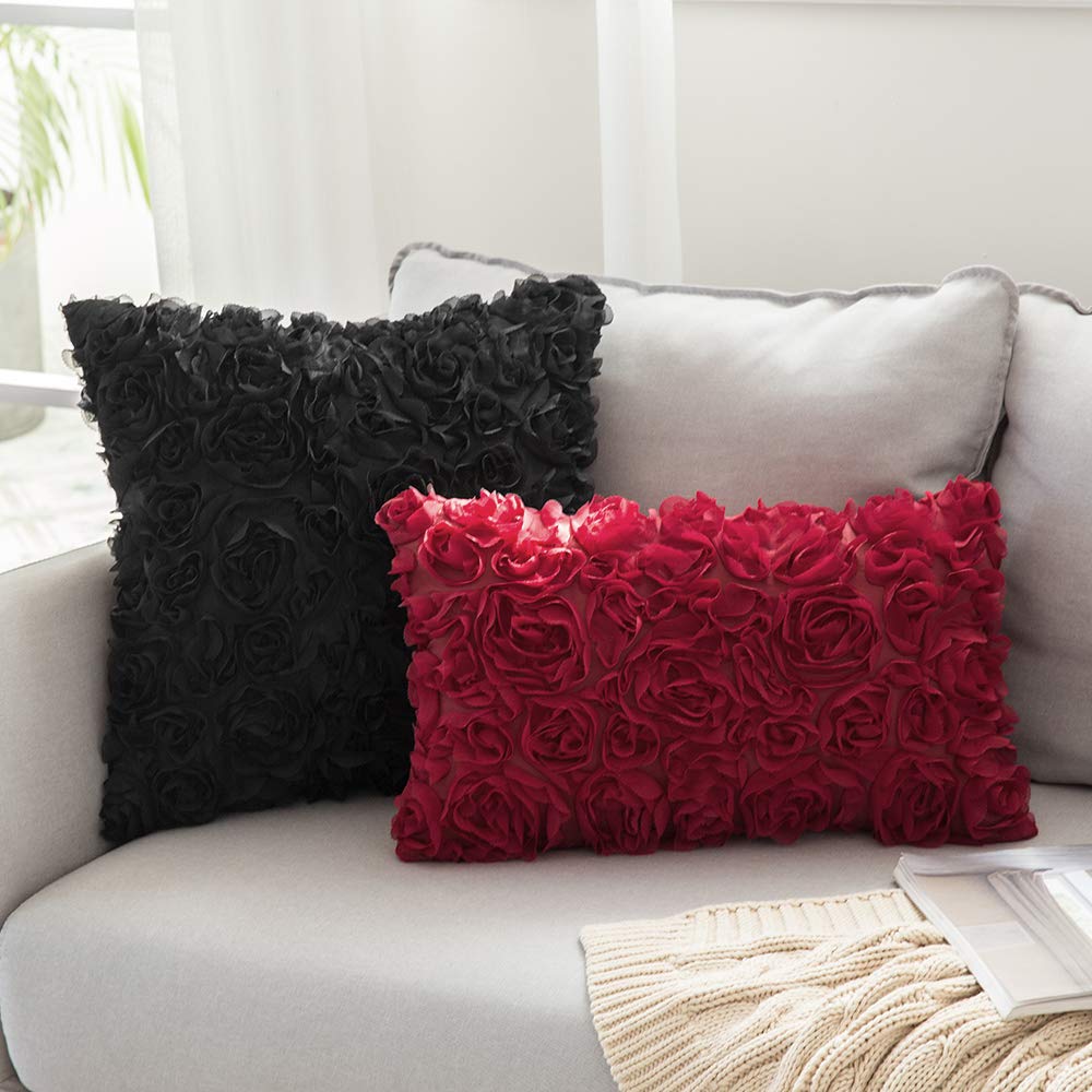 MIULEE 3D Decorative Romantic Valentines Rose Flower Throw Pillow Cover - 18x18 Inch (45x45cm) Black Chiffon Pillowcase for Sofa, Bedroom, Car - Perfect for Weddings, Gifts & Home Decor