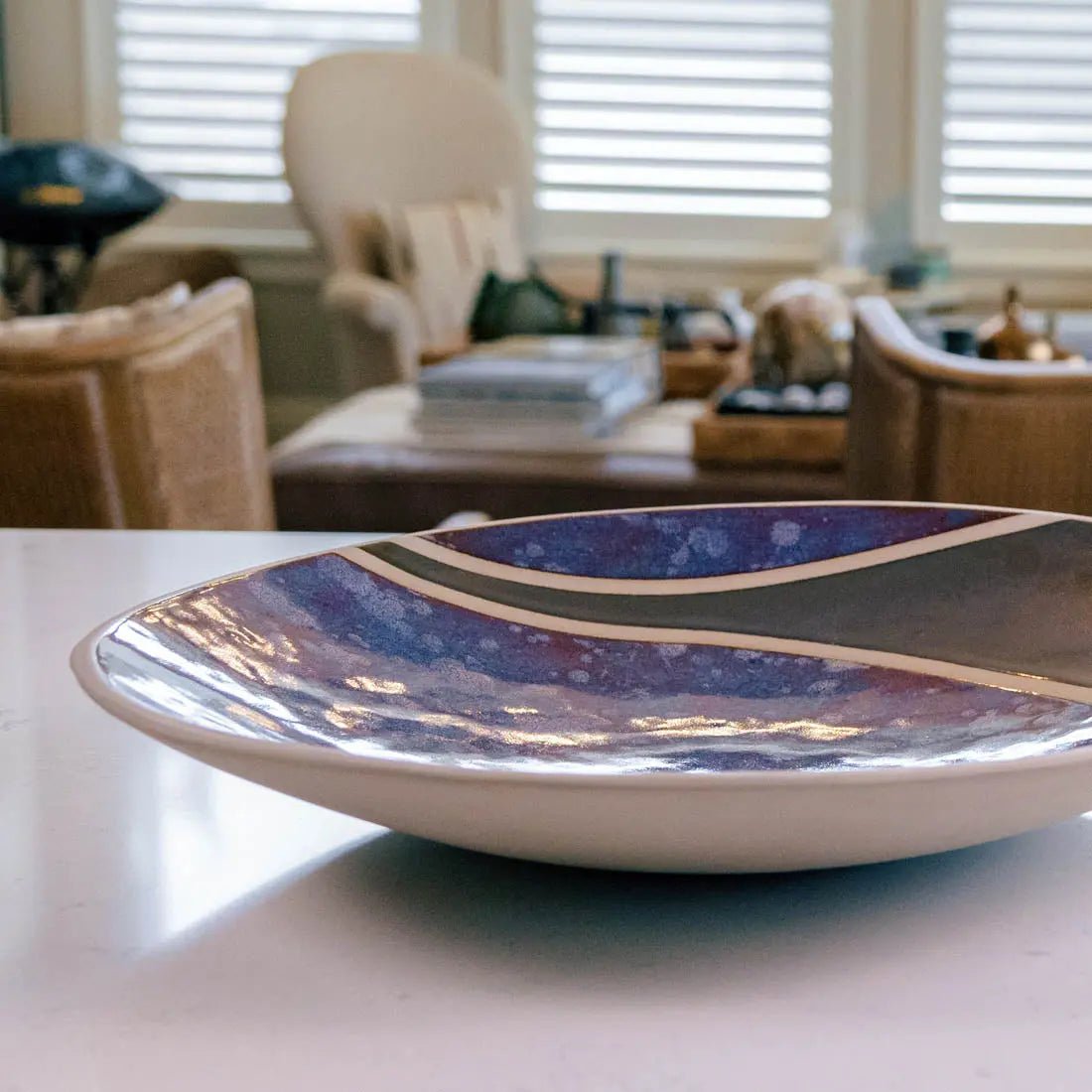 XXL Gray Stoneware Bowl and Platter Set - Pewter, Blues, Purples & Creams Water Gun Design (Creative Collection) | Perfect for Serving, Entertaining & Home Decor