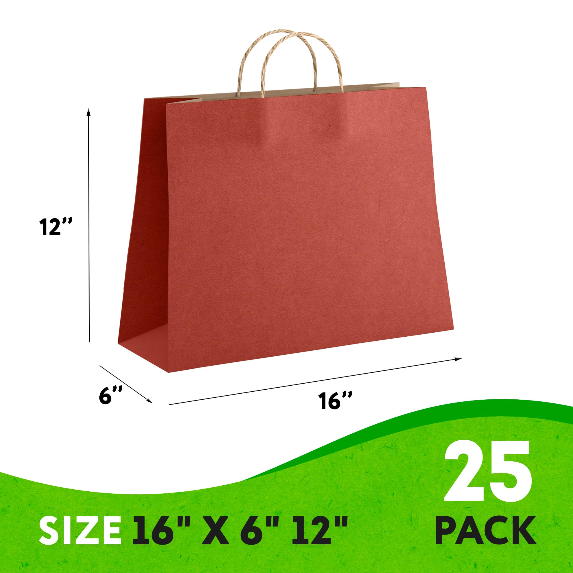 Eco-Friendly Kraft Paper Gift Bags with Handles - 16x6x12 Inch (25 Pack) - 150 GSM Recyclable Christmas Shopping Bags | Perfect for Holiday Gift Wrapping, Retail Packaging & Party Favors