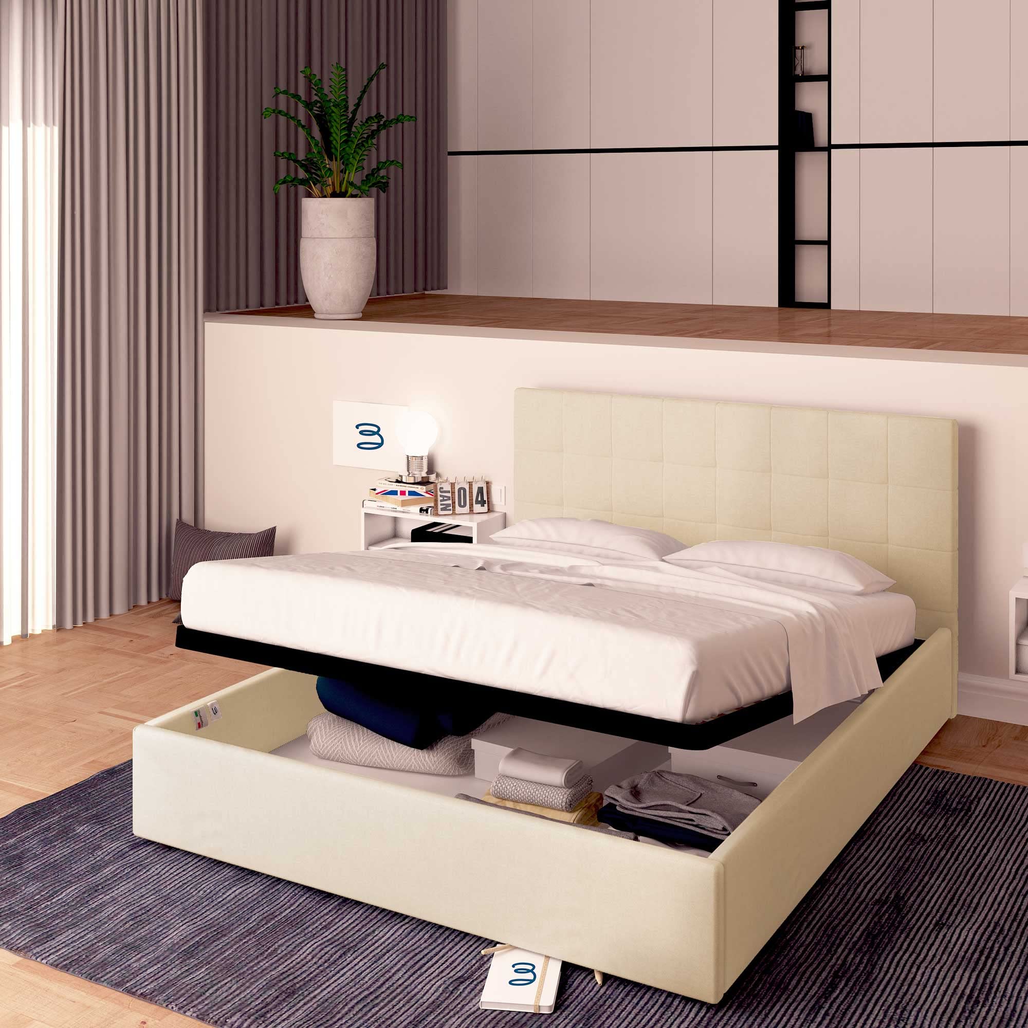 Baldiflex Dublin Fabric Storage Bed Frame with Slatted Base for Queen Mattress, 140x190cm, Elegant Beige Headboard - Perfect for Small Bedrooms & Guest Rooms