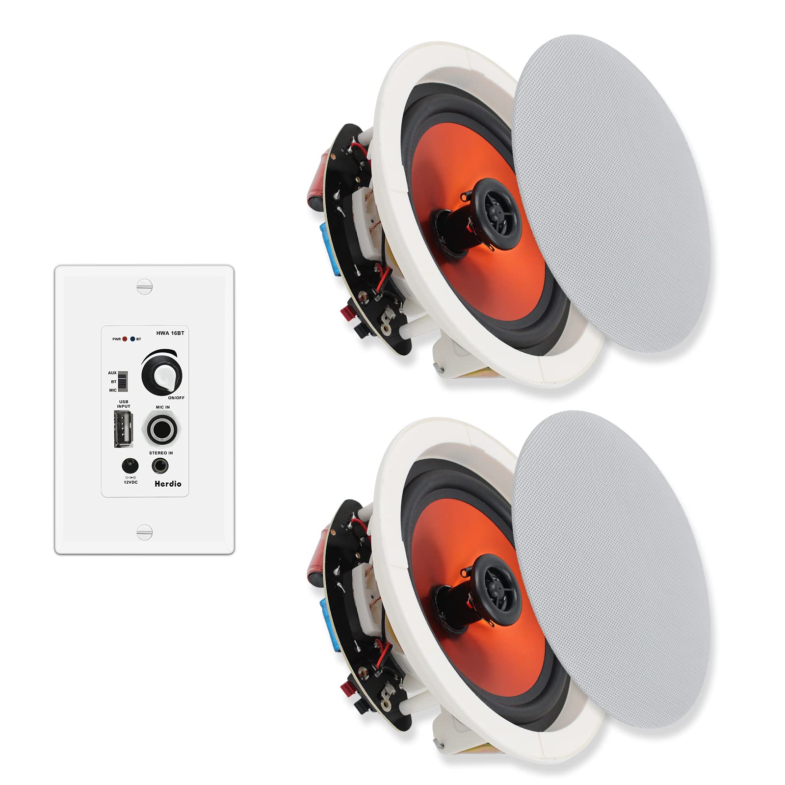 Herdio 6.5 Inch 300W Bluetooth Ceiling Speakers (Pair) - Flush Mount In-Wall Amplifier Receiver for Home Theater, Indoor & Covered Outdoor Use - Perfect for Living Room, Bedroom, Patio and Porch Audio System