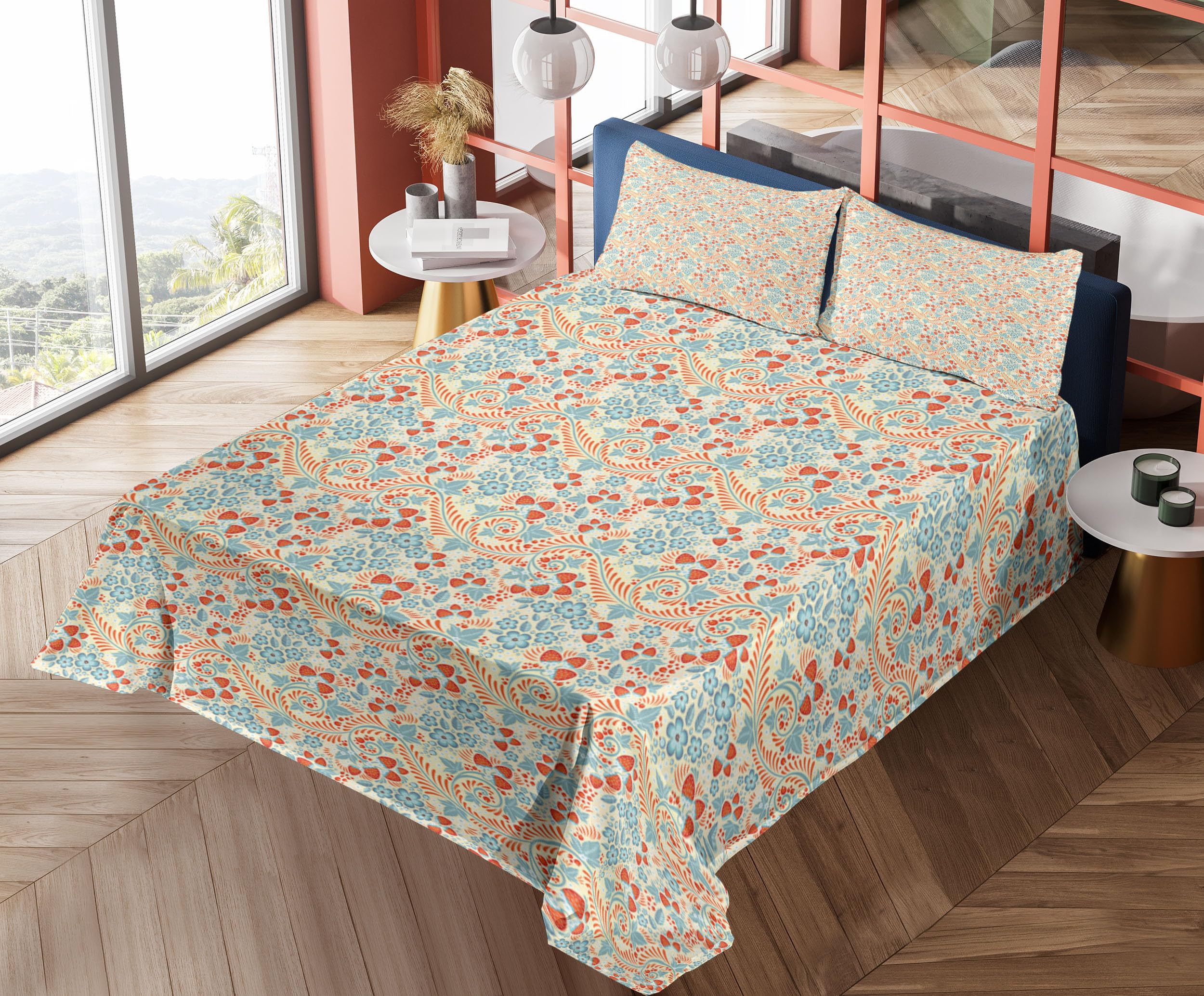 Ambesonne Floral Bed Sheet Set 4-Piece - Traditional Khokhloma Style Flowers & Strawberries Design - King Size Fitted & Flat Sheets with Pillowcases - Cream, Pale Teal & Vermilion - Perfect for Master Bedroom, Guest Room & Vacation Homes