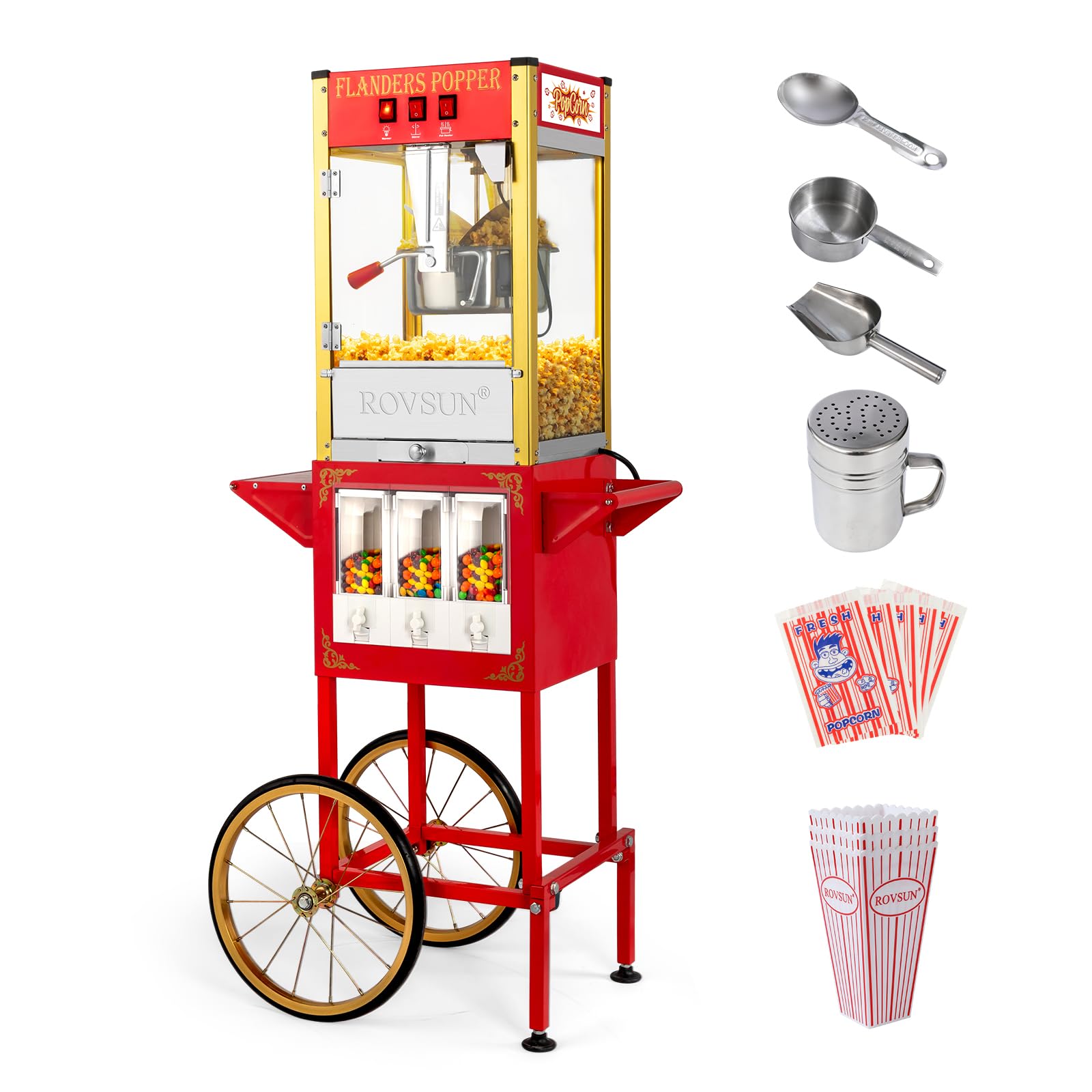 ROVSUN Commercial Popcorn Machine with Cart - 8 Oz Kettle Makes 32 Cups, Includes Wheels, Candy Dispensers, Stainless Steel Scoop, Oil Spoon & 3 Popcorn Cups - Perfect for Home Theater, Movie Nights, Parties & Carnival Events (Red)