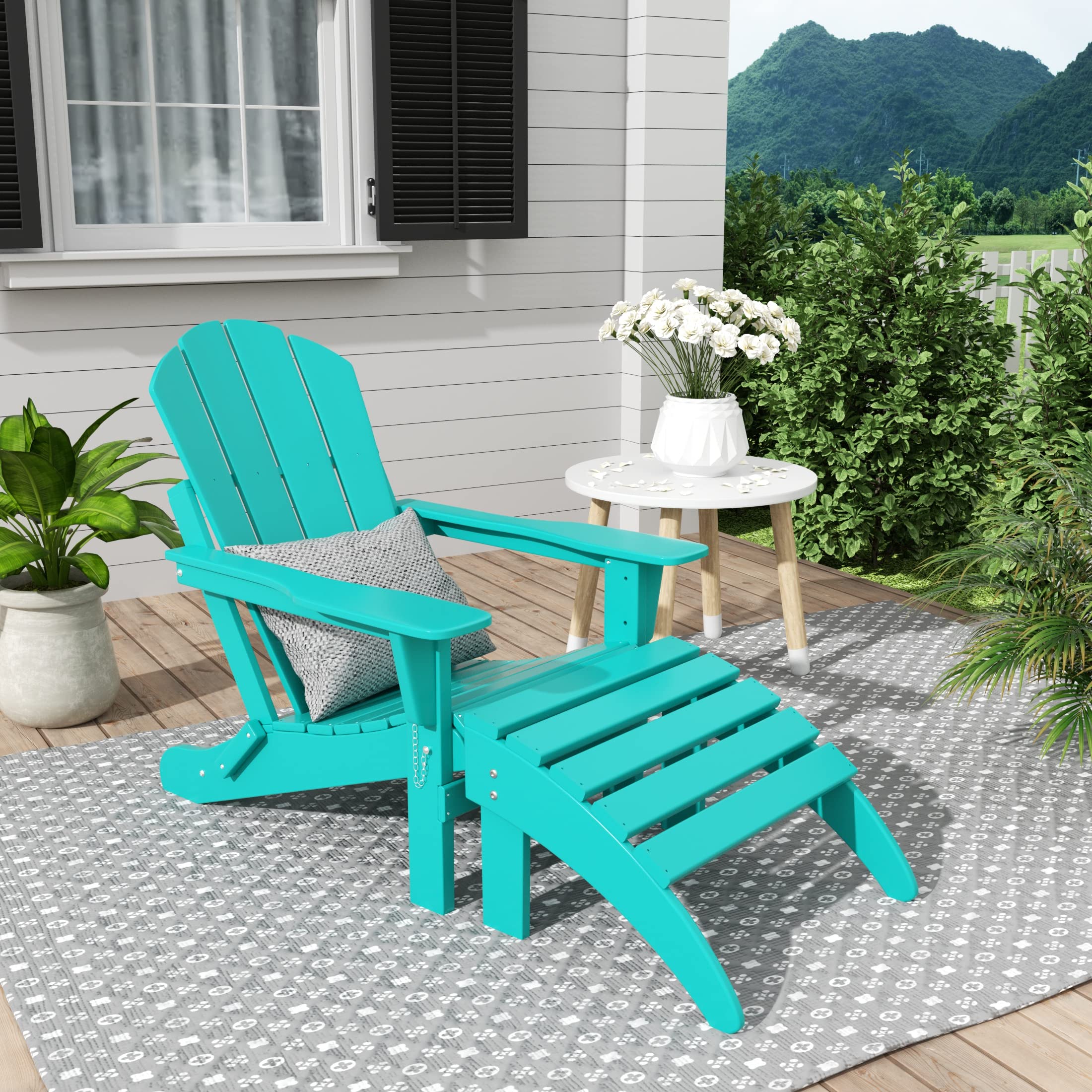 WestinTrends Malibu 2-Piece Outdoor Lounge Chair Set with Ottoman - All-Weather Poly Lumber Adirondack Folding Chairs for Patio, Poolside, Garden, Backyard & Beach - Turquoise - Perfect for Relaxing in Sun or Shade