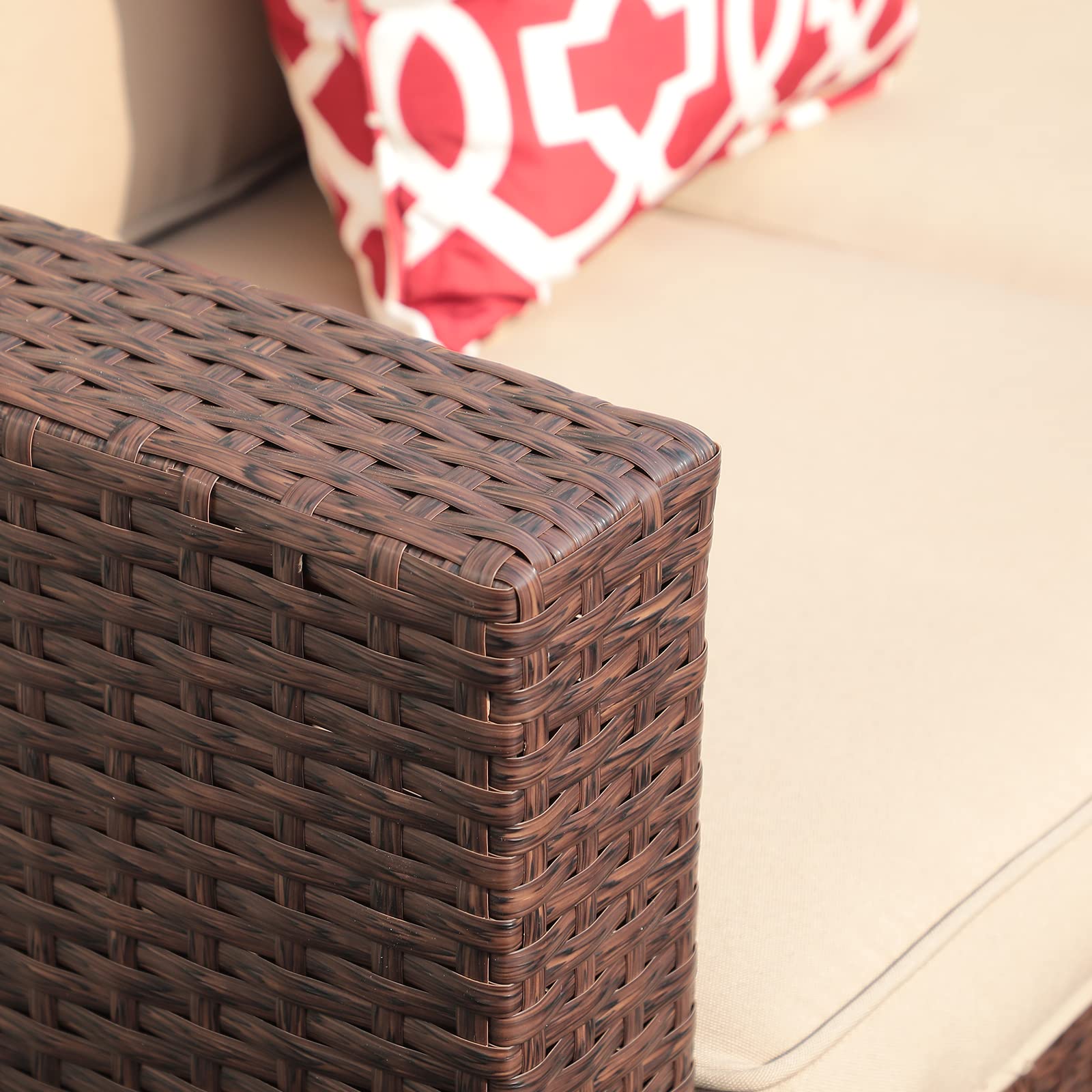 Super Patio 8-Piece Outdoor Furniture Set - All-Weather PE Wicker Sectional Sofa with Ottoman, Tempered Glass Coffee Table & 3 Red Pillows (Espresso Brown) - Perfect for Backyard, Garden, and Poolside Relaxation