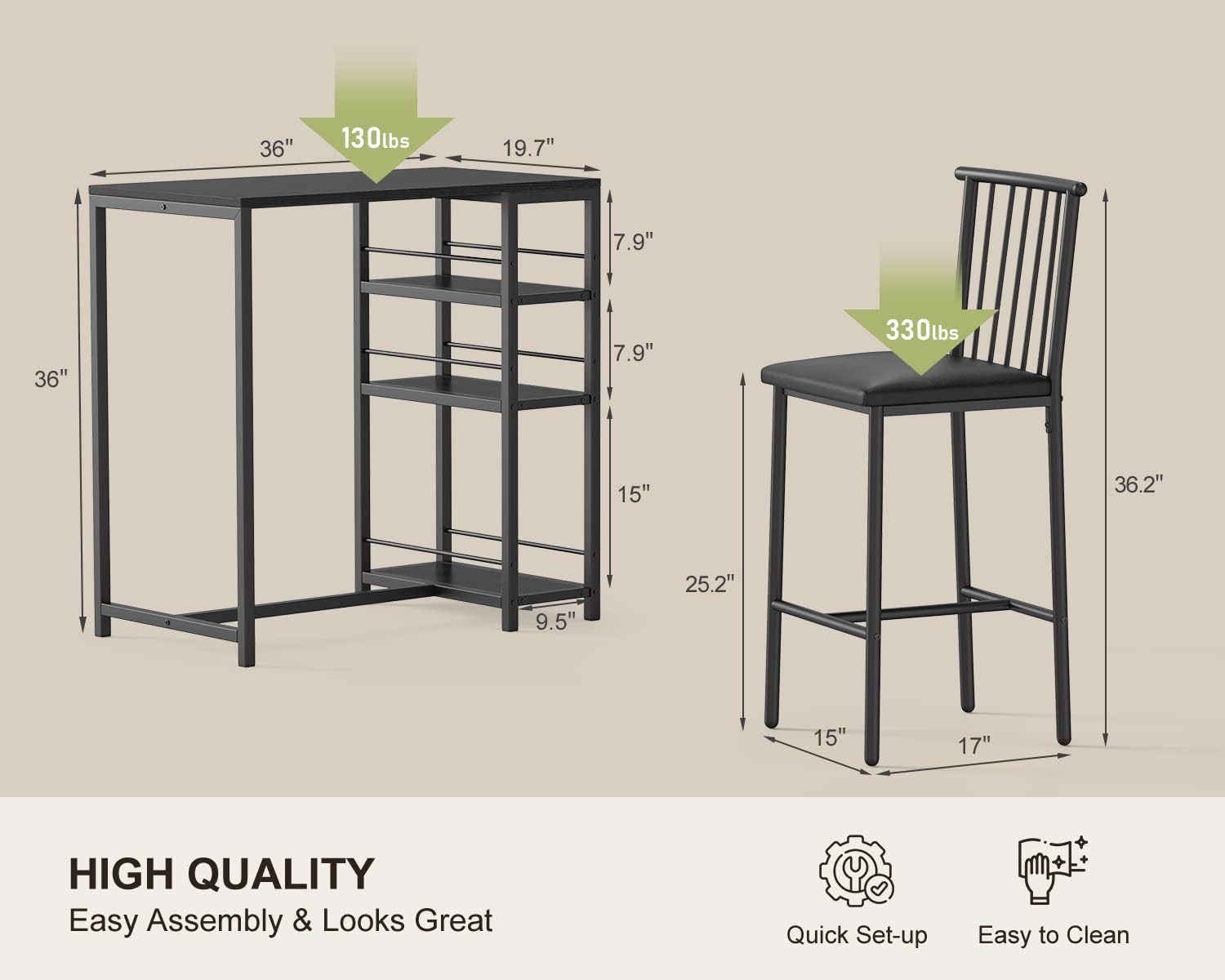 Gizoon 3-Piece Dining Table Set for 2 with Storage Shelves - Kitchen Table & Chairs with PU Cushion Seats & Thick Wood Top - Compact Space-Saving Design for Small Apartments, Breakfast Nooks & Cozy Kitchens - Black