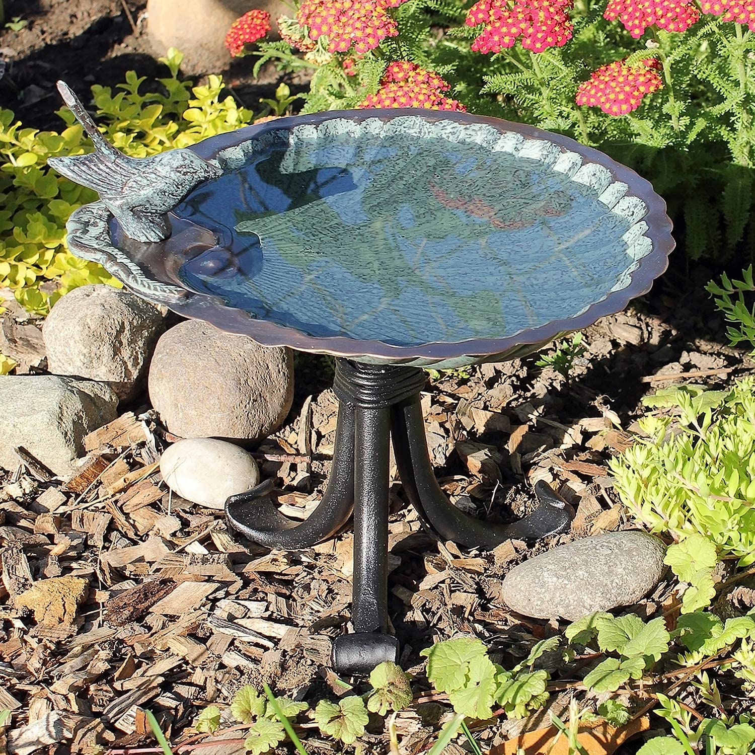 BBM-01-TR Antique Brass Plated Scallop Shell Birdbath with Tripod Stand - Outdoor Garden Decor for Birds, Patio & Backyard
