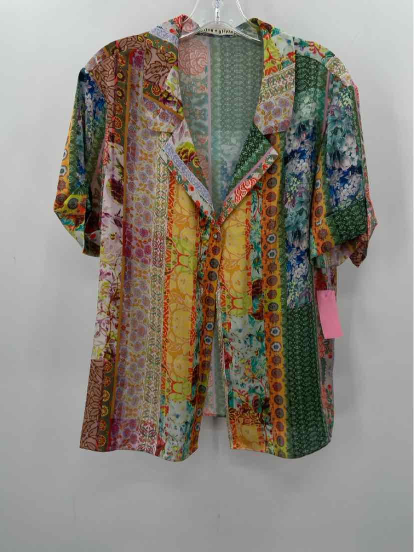 Vintage Alice + Olivia Green Printed Blouse Women's Size XL - Boho Chic Top for Casual Outings & Office Wear