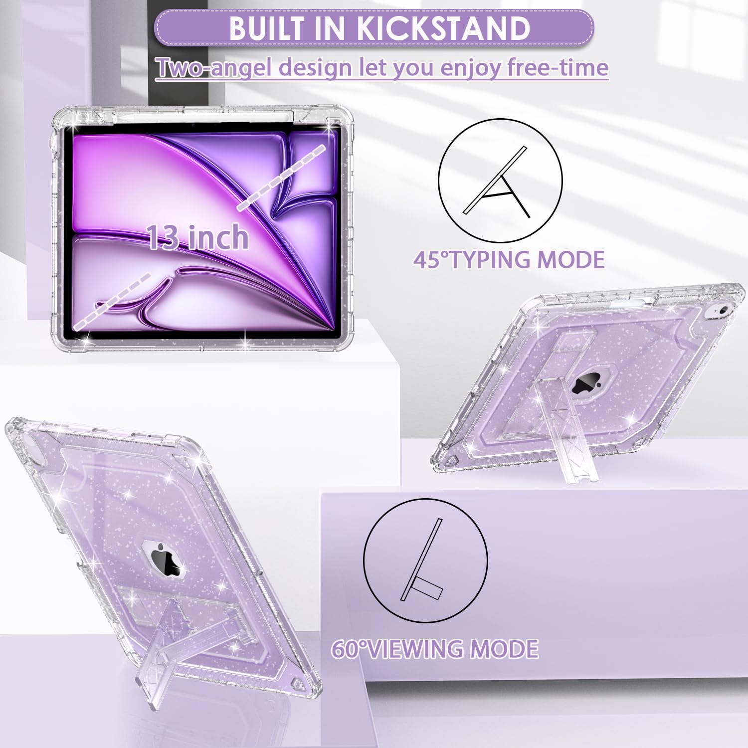 iPad Air M3 13 Inch Case 2025 & iPad Air M2 13-inch 6th Gen 2024 - Clear Glitter Slim Protective Cover with Pencil Holder, Shockproof Hard Case & Kickstand - Heavy Duty Protection for Kids, School, Travel & Daily Use
