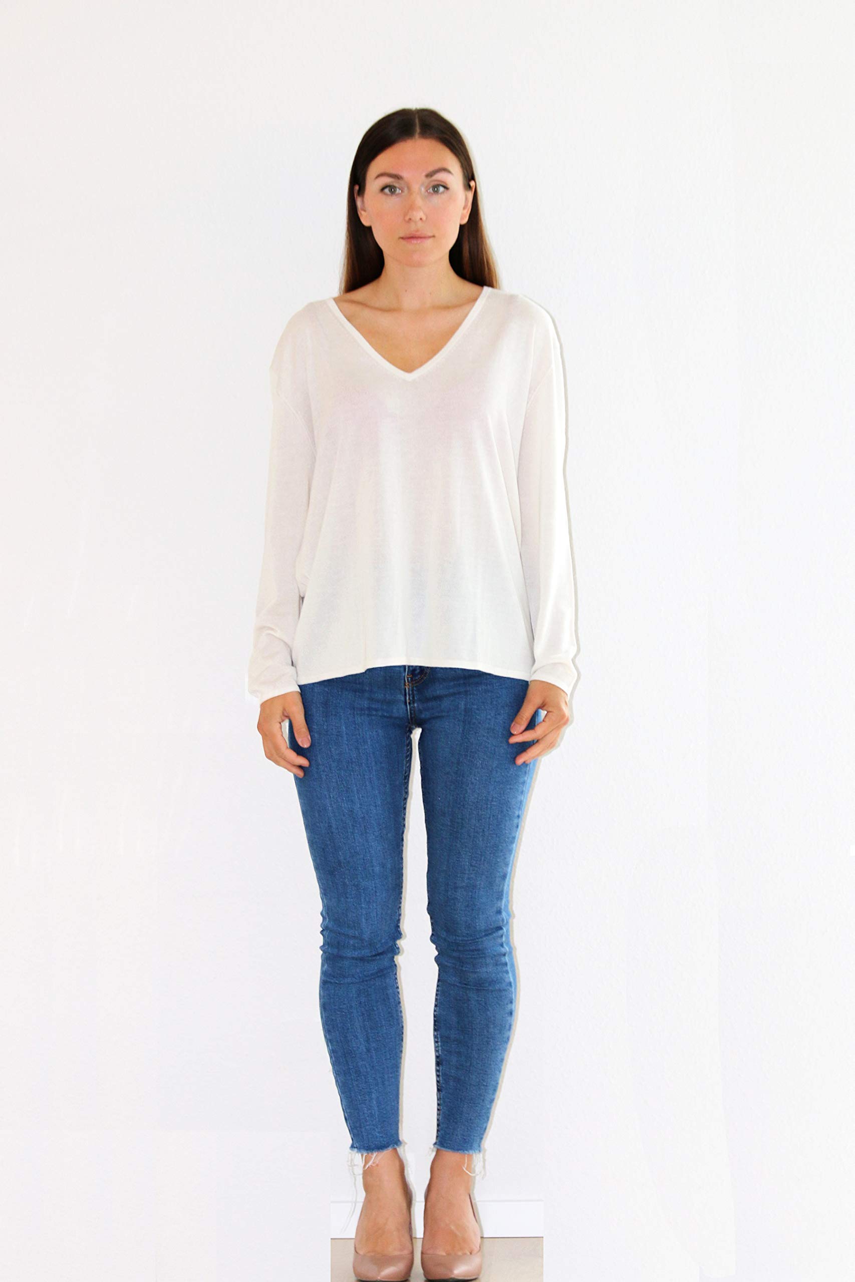 Women's Loose V-Neck T-Shirt - Soft Oversized White Cotton Top for Casual Wear & Layering | Perfect for Everyday Outfits, Lounge & Street Style