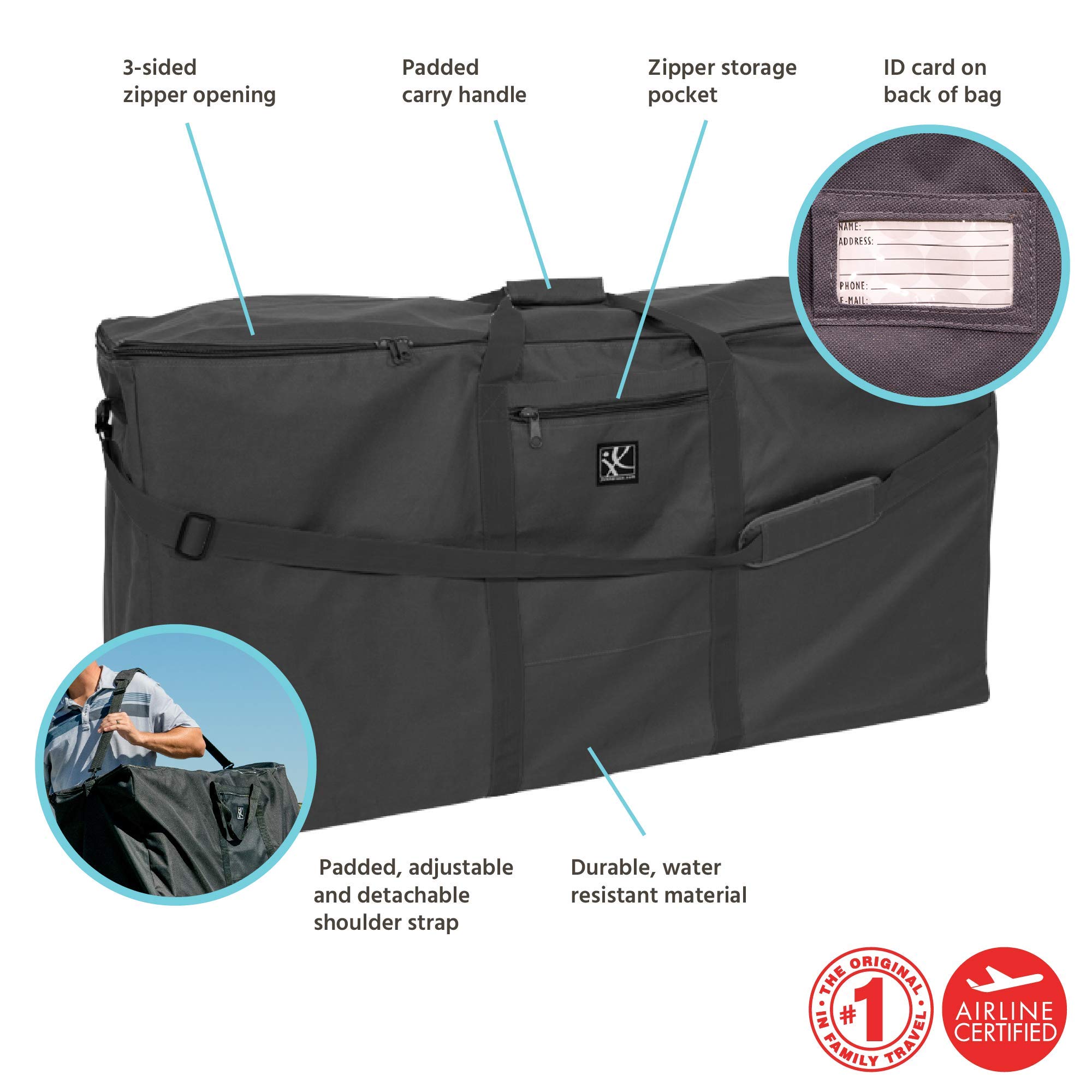 J.L. Childress Premium Stroller Travel Bag for Single & Double Strollers - Heavy Duty Protective Cover with Carry Handles & Detachable Padded Shoulder Strap - Ideal for Air Travel, Car Storage & Stroller Protection - Black