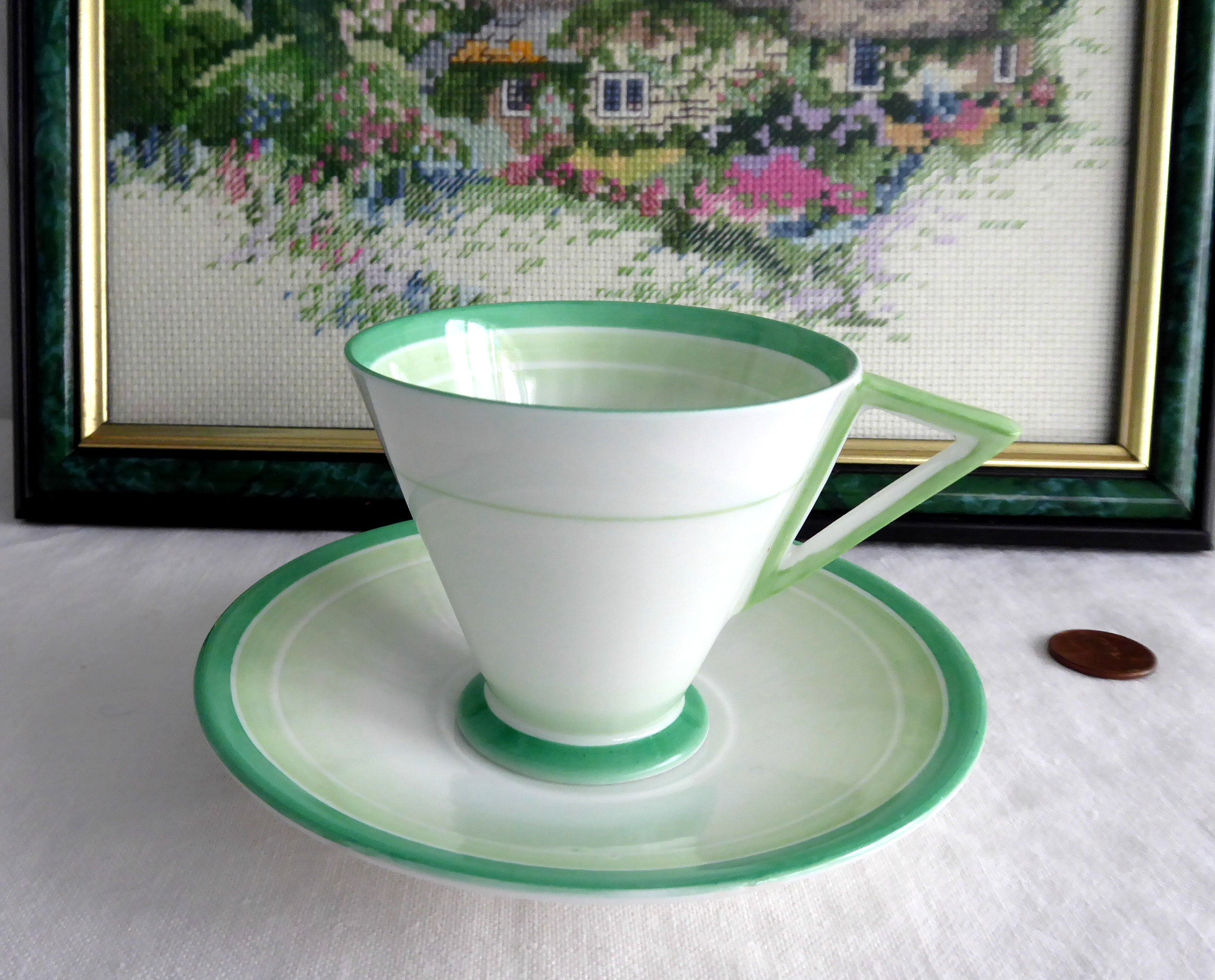 Vintage Shelley Eve Shape Art Deco Cup and Saucer Set - Green Bands & Shades 1930s Demitasse - Perfect for Tea Parties, Antique Collecting & Home Decor
