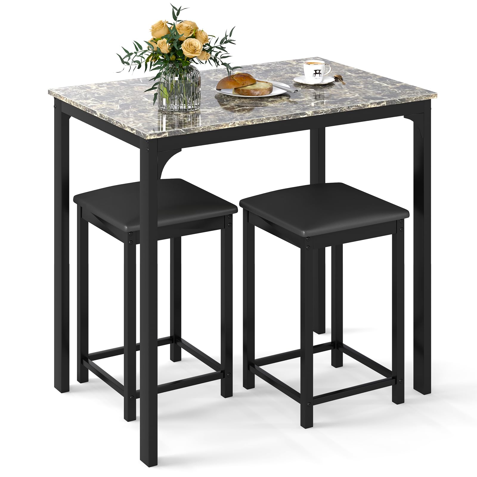 Giantex 3-Piece Dining Table Set with Faux Marble Tabletop & 2 Chairs - Modern Kitchen Table for Small Spaces, Breakfast Nook, Apartment, Restaurant, or Cafe (Beige & Black) - Perfect for Home, Office, and Commercial Use
