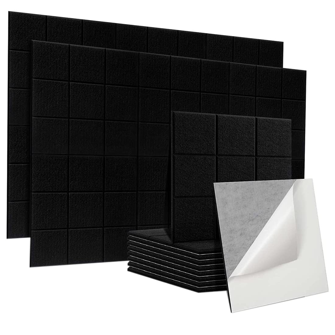 Camsiom 12Pcs Self-Adhesive Acoustic Panels - Soundproof Wall Decor Tiles & 9 Mesh Pin Boards for Home Studio, Office & Music Room Noise Reduction (Black)