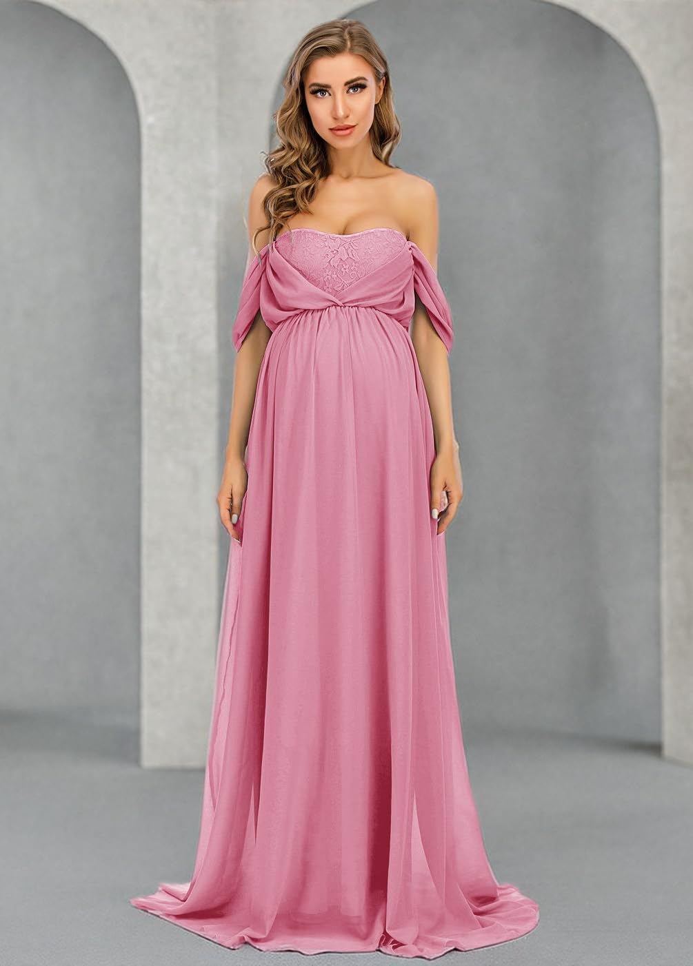 ZIUMUDY Women's Maternity Off Shoulder Chiffon Maxi Dress - Elegant Lace Gown for Baby Shower, Bridesmaid Party & Photo Shoot | Perfect for Pregnancy Photoshoots, Bridal Events & Special Occasions