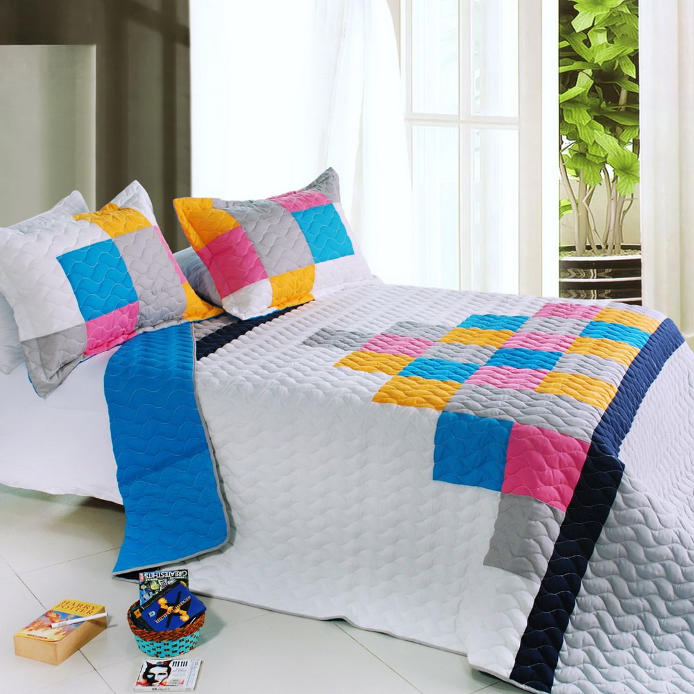 Pure Heaven 3-Piece Vermicelli-Quilted Patchwork Quilt Set - Full/Queen Size Bedding | Cozy & Stylish for Master Bedroom, Guest Room & Dorm Decor