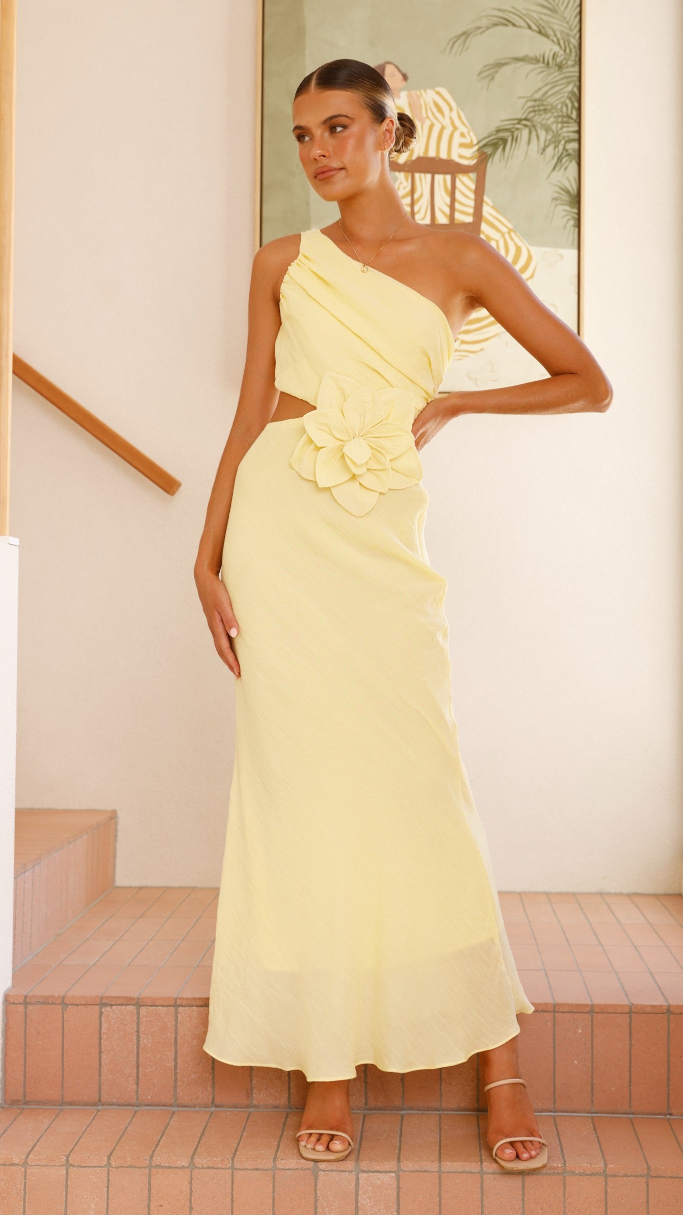 Elegant Bloom One Shoulder Cut Out Maxi Dress in Yellow - Perfect for Beach Vacations, Summer Parties & Evening Events